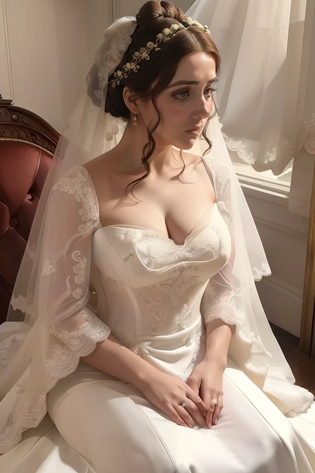 year: 2023. Location: madrid. Pre-Raphaelite scene with a 32-year-old Macarena García, sitting, Luxurious room, ((((panic attack)))), panicky, nervous, ((((2020s simple Wedding Dress)))) ((Hairstyle of the 2020s, Low bun without no veil)), ((("OMITB" cinematography)))