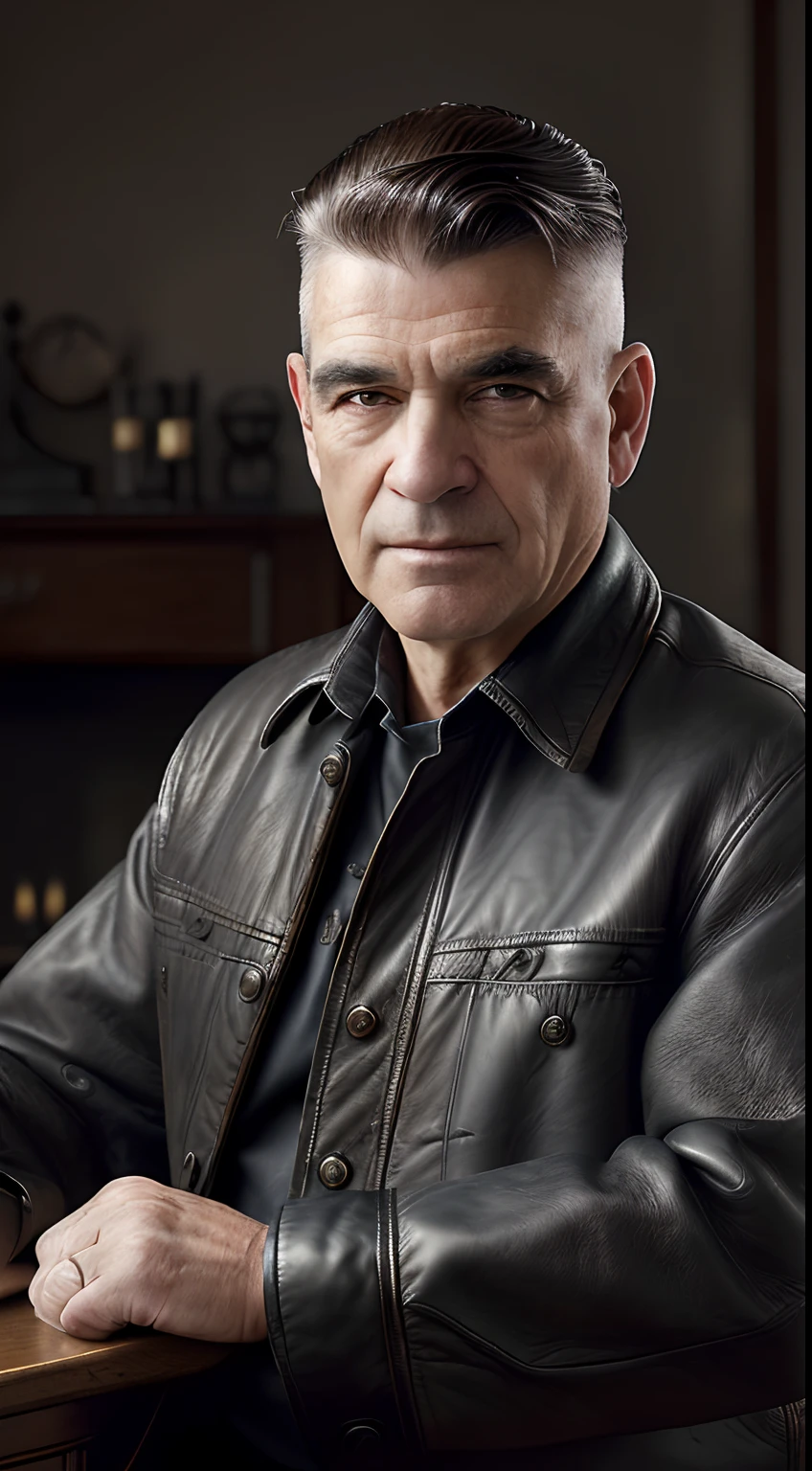 (Editorial Photography 9:16 workers, sitting in his living room in, , Taking Reading Seriously, 50 years, Brown eyes), (Wearing a worn and well-worn winter shirt, in an old worn-out black leather jacket), (Highly detailed face:1.4), (The hairstyle is combed to the side with a parting on the side:1.4), (background inside dark, shrewish, private study, antique furnitures:1.3), (8K, UHD, dslr,  hiquality, Cinematic lighting, bokeh), (Dramatic & Award-Winning Photography, An amazing masterpiece:1.3) (great depth of field)