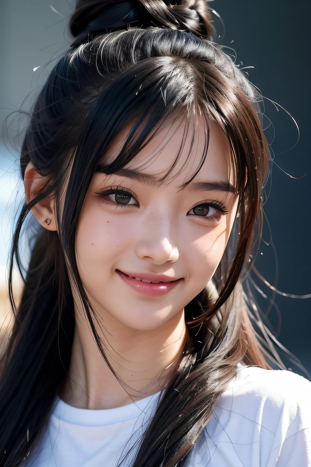 1girl in, Idol, close-up, 鎖骨,  ,, Photo, movie, depth of fields, Skin Texture, T-shirt, rubber band, topknot, Long hair, hair messy, hitornfreckles, Black theme、With smiling eyes
