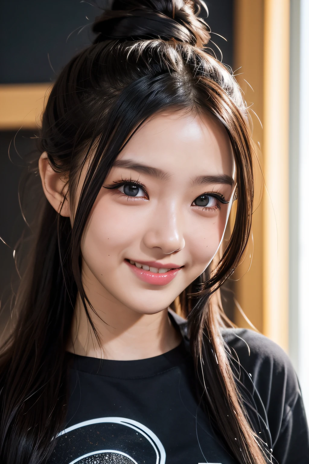 1girl in, Idol, close-up, 鎖骨,  ,, Photo, movie, depth of fields, Skin Texture, T-shirt, rubber band, topknot, Long hair, hair messy, hitornfreckles, Black theme、With smiling eyes
