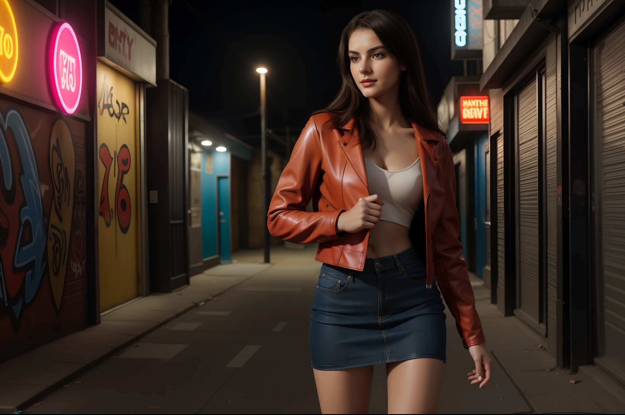 ((full-body, cinematic-shot)),(best quality,4k,8k,highres,masterpiece:1.2),ultra-detailed,(realistic,photorealistic,photo-realistic:1.37),(((1girl))),(18years old),[the face is combination of (((irene1:1.2))) and (((Excella_er5:1.2)))],(sharp focus:1.5),beautiful detailed brown eyes,pearl skin,(skin pores:1.1),extremely detailed face and skin texture,(skin texture:1.1),black hair,tall and slender body,(192cm tall),thin and delicate figure,graceful posture,strong and defined muscles,flawless skin,defined abs,perfect curves,feminine appearance,beautiful long legs,embodying elegance and beauty,happy expression,full-smile,cleavage breasts,((wearing a red color leather jacket:1.3)),(no panty),(ultra-short mini-skirt),vibrant colors,extremely detailed and realistic (red) clothes,(colorful),(film grain:1.3),naughty girl in the alley,dark and mysterious location,graffiti-covered walls,abandoned objects and garbage,moonlit night scene,best quality,ultra-detailed,realistic,urban art style,vivid colors,night shadows,street lamp,gritty atmosphere,rebellious teenage girl,sneaky and mischievous expression,torn jeans skirt,unique graffiti on the walls,blurry neon lights in the distance,city sounds in the background,edgy and youthful energy,mysterious aura,faint cigarette smoke in the air,hint of rain on the ground,adventure and excitement in her eyes,exaggerated shadows,dark palette with pops of vibrant colors,eerie ambiance,hint of danger,vibrant color,professional photography.