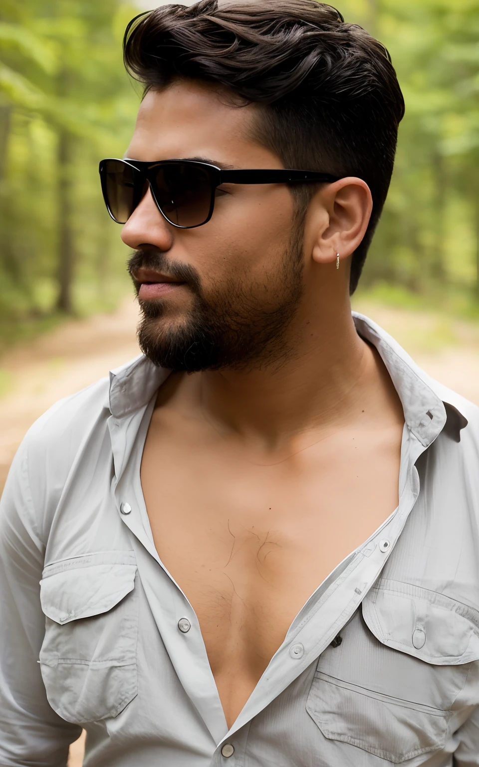 there is a man with sunglasses and a shirt on standing in the woods, lean man with light tan skin, sparse chest hair, chest hair, wearing a low cut tanktop, wearing tight shirt, attractive neck, in front of a forest background, low depth field, wearing in shirt, portrait close up of guy, side portrait imagery, very shallow depth of field