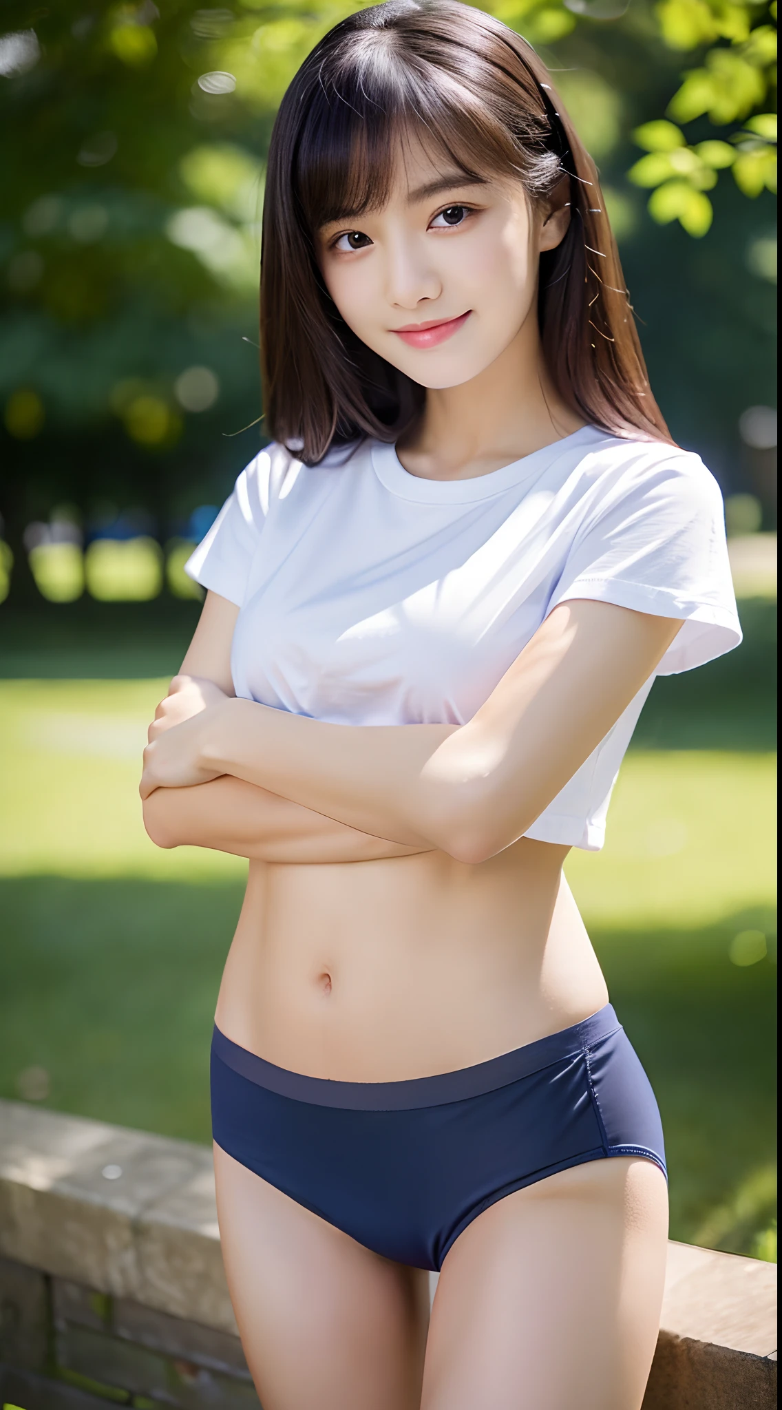 (((The color is dark navy blue only panties)))、((white t-shirts))、((1人))、((Pose cutely))、((a park))、((18 year old beautiful girl))、A slight smil、((Outstanding style))、A sexy、Photorealsitic、Beautiful detailed eyes、Hyper-Realism、highcontrast、Ultra HD、realistic skin textures、Top image quality、top-quality、超A high resolution、Fine details、Very meticulously