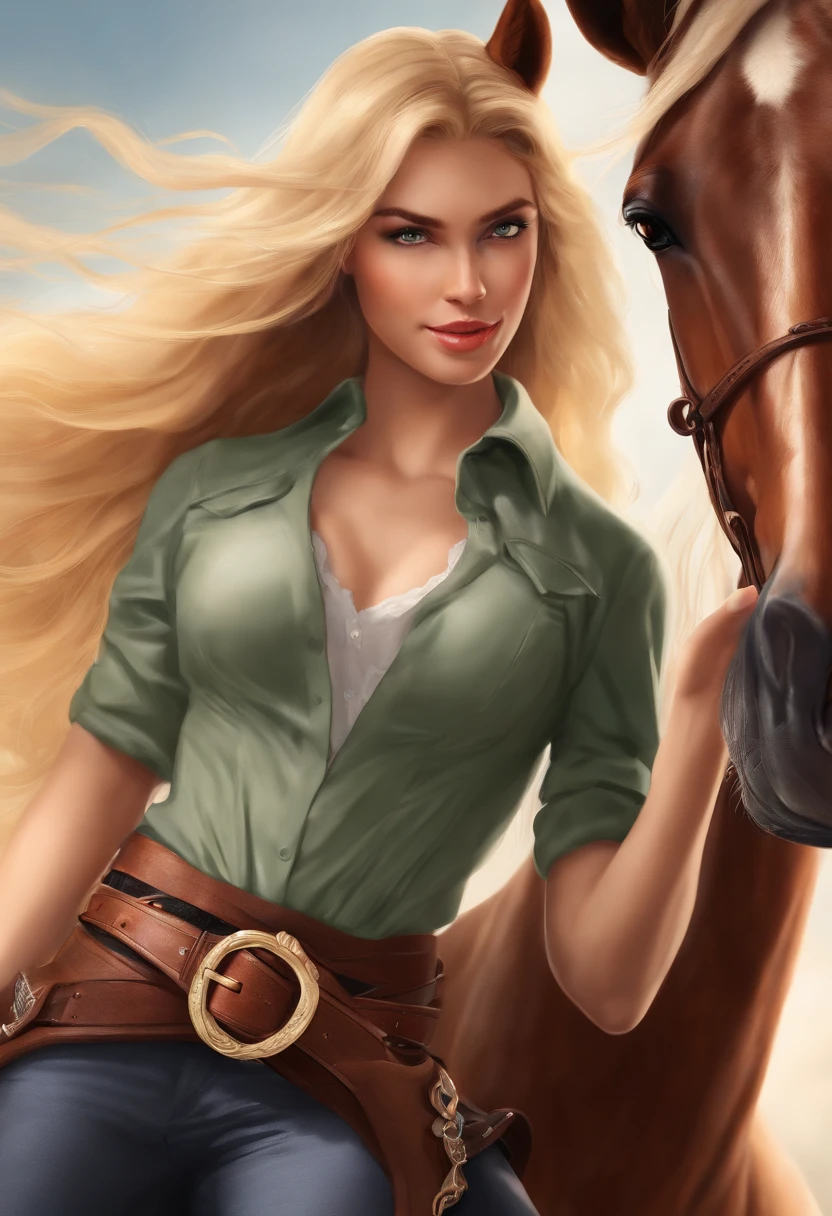 (horse:1.3), Pants, Cowboy Shot, 1girl in, Blonde hair, Long hair, Green eyes, Solo, Ahoge,Midriff, long boots, Smile, Belt bag,  BREAK,