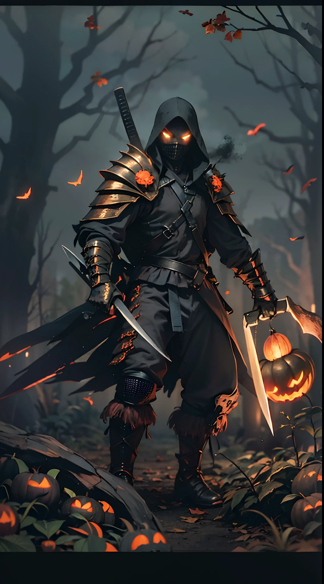 (Best quality,4K,A high resolution,Masterpiece:1.2),Ultra-detailed,Realistic,Fearsome pumpkin-headed warriors,Halloween costumes,Long black hair,Glowing orange eyes,Sharp,pointy teeth,Pumpkin Armor,Carved pumpkin motif,smoke-filled battlefield,Moonlit Night,ominous skies,Spooky shadows,Dramatic lighting,creepy atmosphera,Menacing presence,Warriors pose with katanas,Fallen leaves hover in the air,fog atmosphere,Spooky forest background,dark palette,Subtle orange and green,hauntingly beautiful.