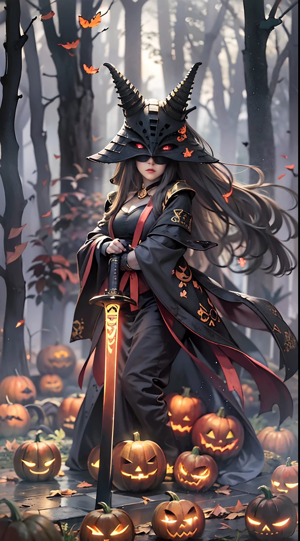 (Best quality,4K,A high resolution,Masterpiece:1.2),Ultra-detailed,Realistic,Fearsome pumpkin-headed warriors,Halloween costumes,Long black hair,Glowing orange eyes,Sharp,pointy teeth,Pumpkin Armor,Carved pumpkin motif,smoke-filled battlefield,Moonlit Night,ominous skies,Spooky shadows,Dramatic lighting,creepy atmosphera,Menacing presence,Warriors pose with katanas,Fallen leaves hover in the air,fog atmosphere,Spooky forest background,dark palette,Subtle orange and green,hauntingly beautiful.