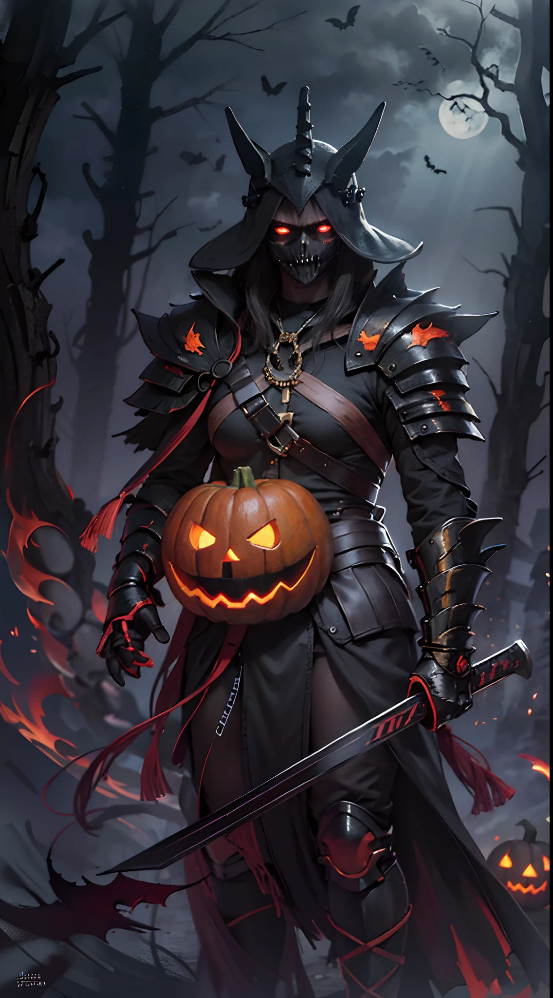 (Best quality,4K,A high resolution,Masterpiece:1.2),Ultra-detailed,Realistic,Fearsome pumpkin-headed warriors,Halloween costumes,Long black hair,Glowing orange eyes,Sharp,pointy teeth,Pumpkin Armor,Carved pumpkin motif,smoke-filled battlefield,Moonlit Night,ominous skies,Spooky shadows,Dramatic lighting,creepy atmosphera,Menacing presence,Warriors pose with katanas,Fallen leaves hover in the air,fog atmosphere,Spooky forest background,dark palette,Subtle orange and green,hauntingly beautiful.