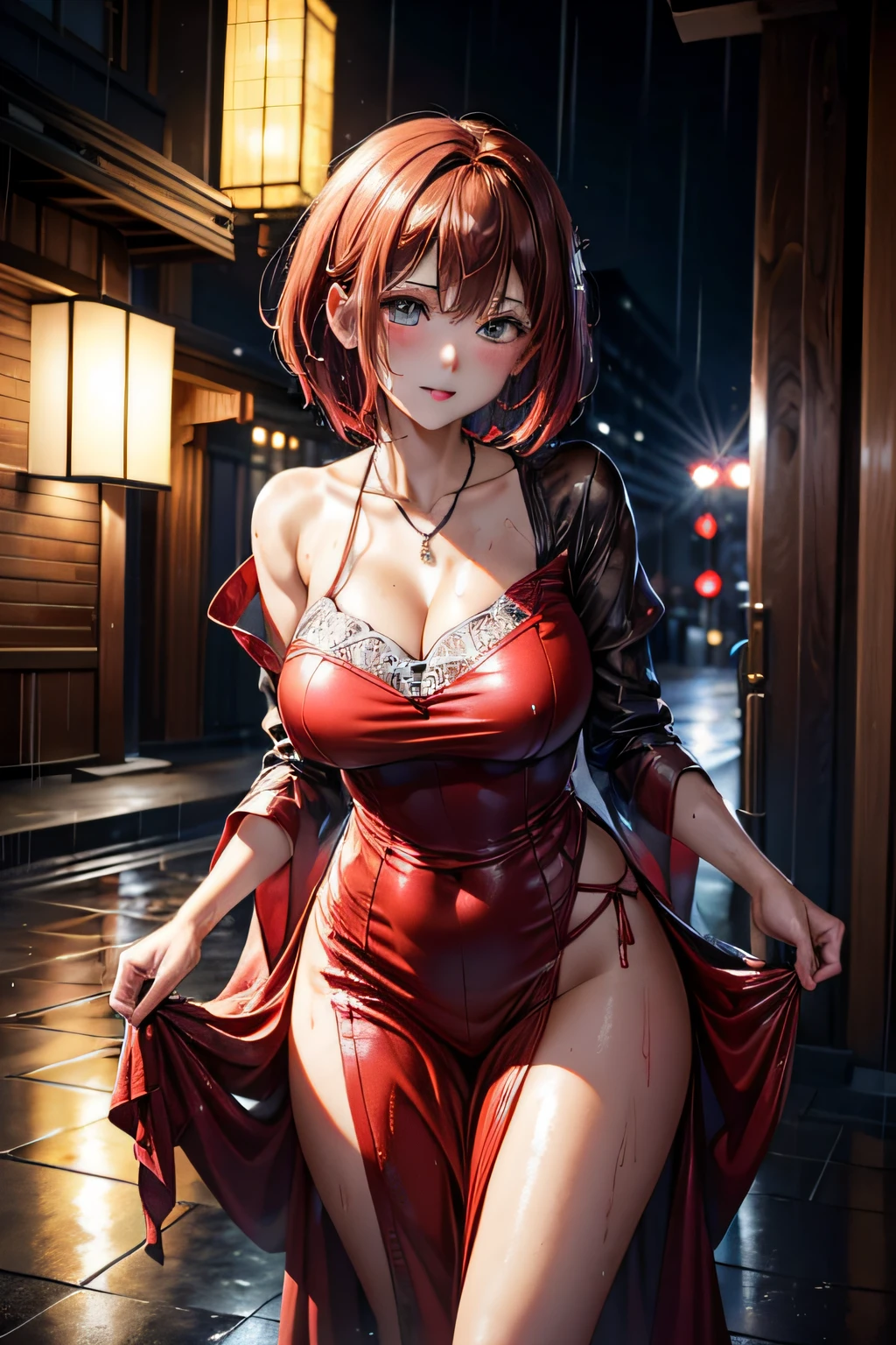 One Girl in the Rain、Blushing cheeks、gazing at viewer、Heavy rain、large full breasts、breast slip、A sheer party dress that adheres to the chest when wet.No umbrella、under the rain、Girl without an umbrella、Wet face,wetted skin、a wet body、wet costume、Wet hair、flower、hair pin、a necklace、piercings、Getting wet and leaning forward、from below looking up、depth of fields、pointed red mouth、(short hair of reddish-brown color wet and shiny,),Red mouth,鎖骨、Beautiful fingers、Hourglass body、portrait of a full body、Wet cute face、Digital Illustration, (Photorealsitic:1.3),(Raw photo.), (masutepiece,top-quality,Ultra-high resolution output image,) ,(The 8k quality),(Image Mode Ultra HD),