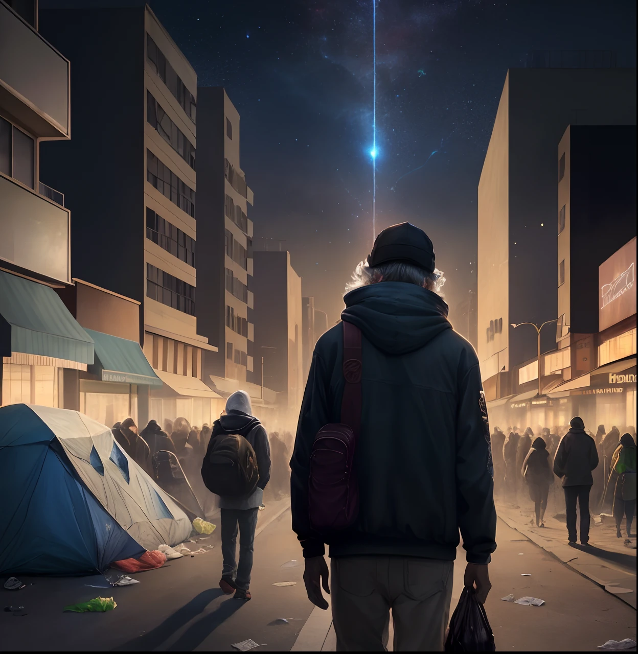 Homeless man in urban chaos of Los Angeles, panic-stricken crowd in the distant, mysterious darkness enlightened only by the divine radiance focusing on the homeless man, being elevated towards celestial domain. Exceptional detail, RAW color, urban landscape involving tall buildings, tangled power lines, and litter-strewn streets. Contrasting play of light and shadow, somber yet hopeful. Drawing and digital design, gritty realism infused with a touch of art nouveau fantasy