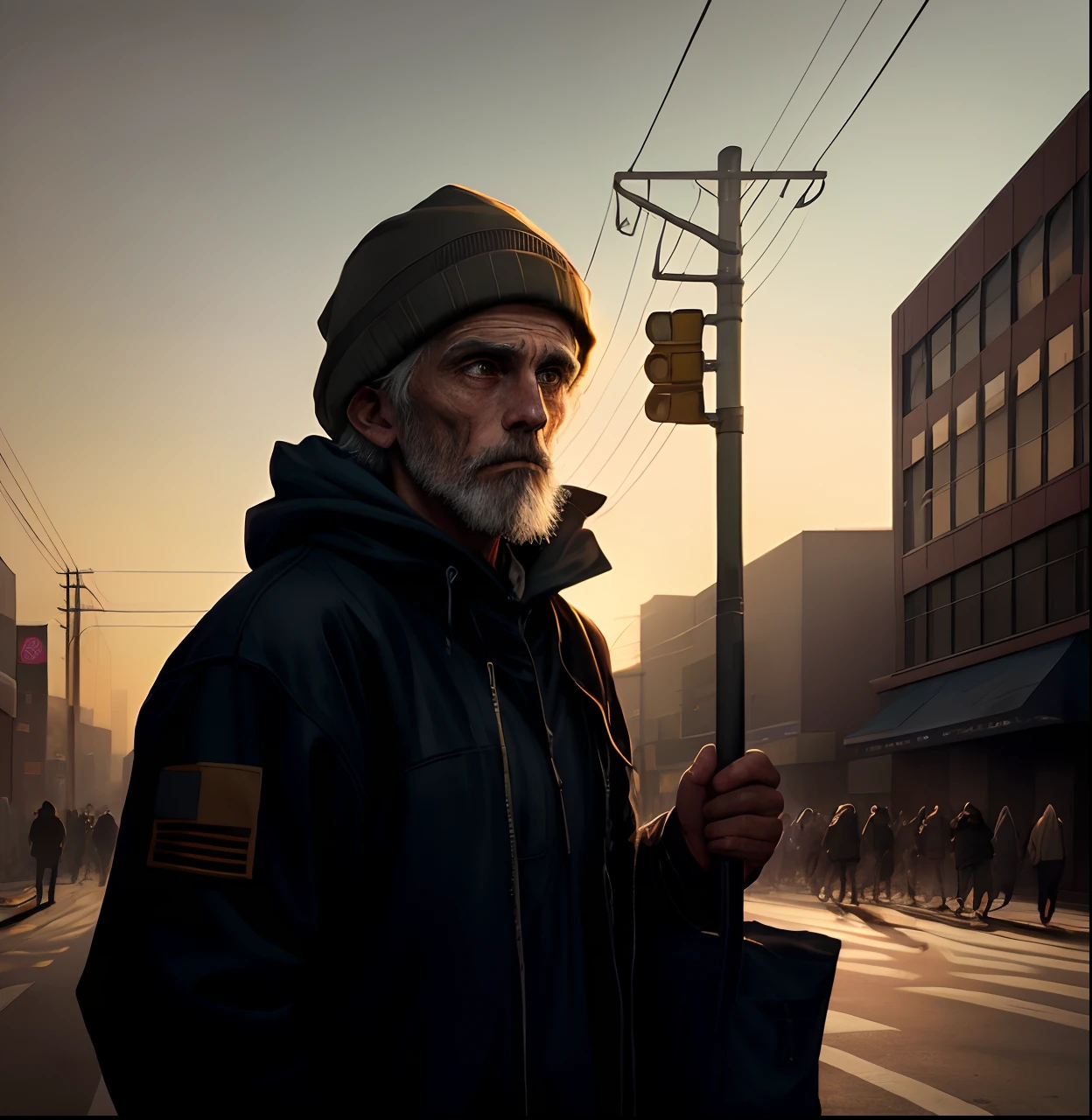 Homeless man in urban chaos of Los Angeles, panic-stricken crowd in the distant, mysterious darkness enlightened only by the divine radiance focusing on the homeless man, being elevated towards celestial domain. Exceptional detail, RAW color, urban landscape involving tall buildings, tangled power lines, and litter-strewn streets. Contrasting play of light and shadow, somber yet hopeful. Drawing and digital design, gritty realism infused with a touch of art nouveau fantasy