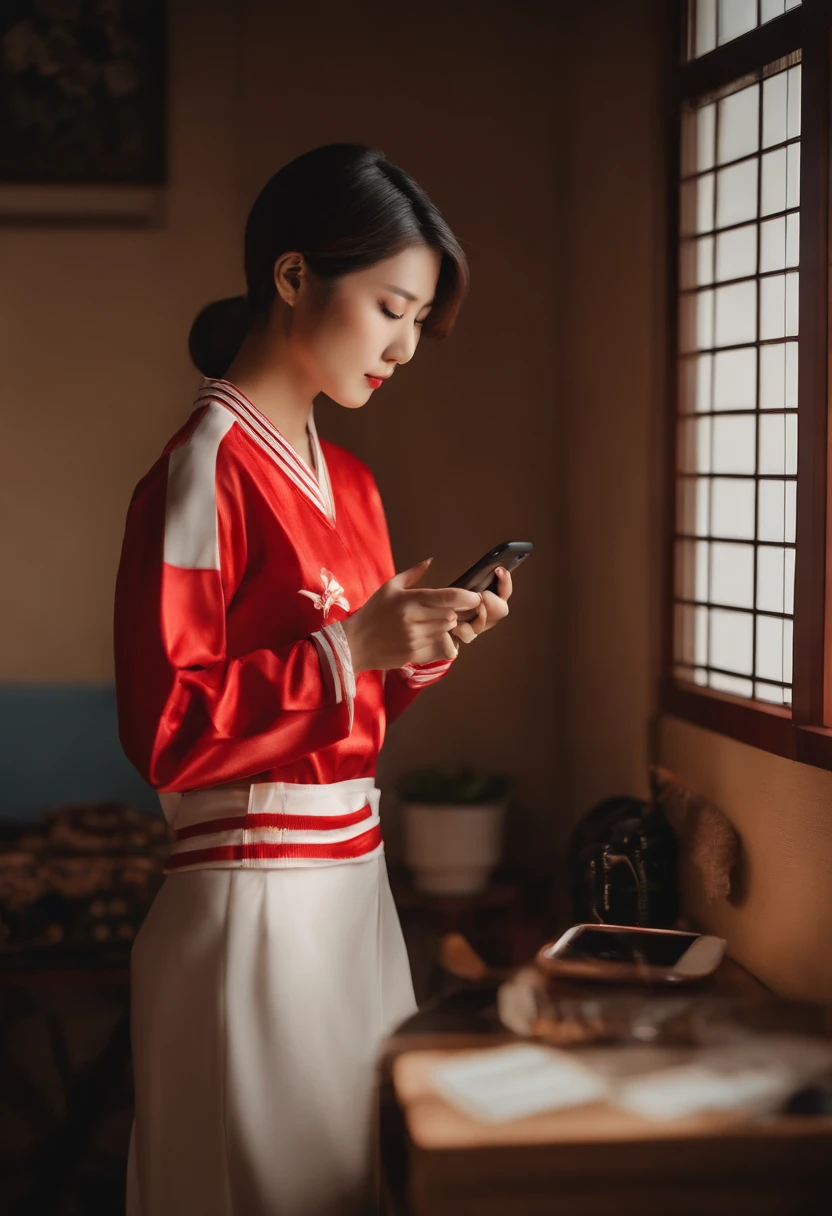 japanes　in her 20s　femele　Holding a smartphone　Shorthair　jersey　inside in room