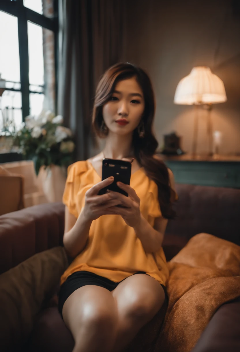 japanes　in her 20s　femele　Holding a smartphone　Shorthair　jersey　inside in room