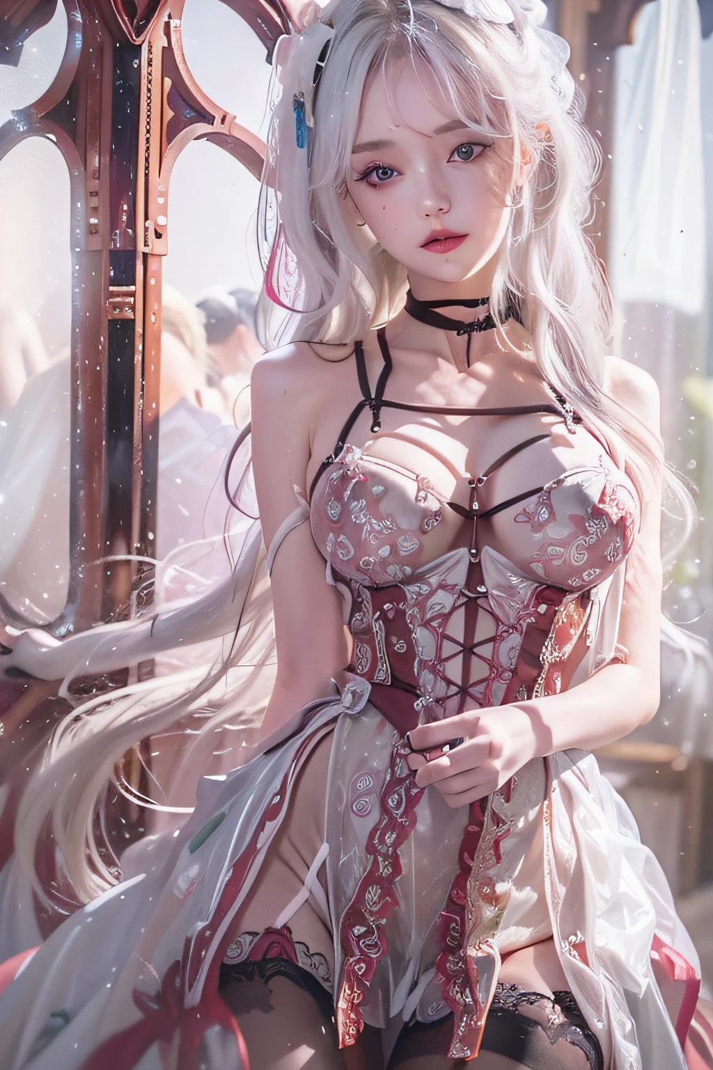 (a closeup)、(from below)、((1girl in))、(in her 20s)、((Long))、((Pattsun bangs))、((white  hair))、(looking at view)、((Black see-through dress))、(corsets)、(Photoreal Stick:1.2)、in 8K、(High quality shadows)、Detail Beautiful delicate face、Detail Beautiful delicate eyes、Cute K-pop Idol、(Korean Urzan Face)、(ulzzang -6500-v1.1:0.6)、gloweyes、perfectbody、Natural color reproduction、Bright red lipstick、(a choker)、((Eyes reddish-brown))、Shiny hair、Description beautiful delicate hair、(Lustrous skin)、Beautiful stained glass、电影灯光、reflective light、