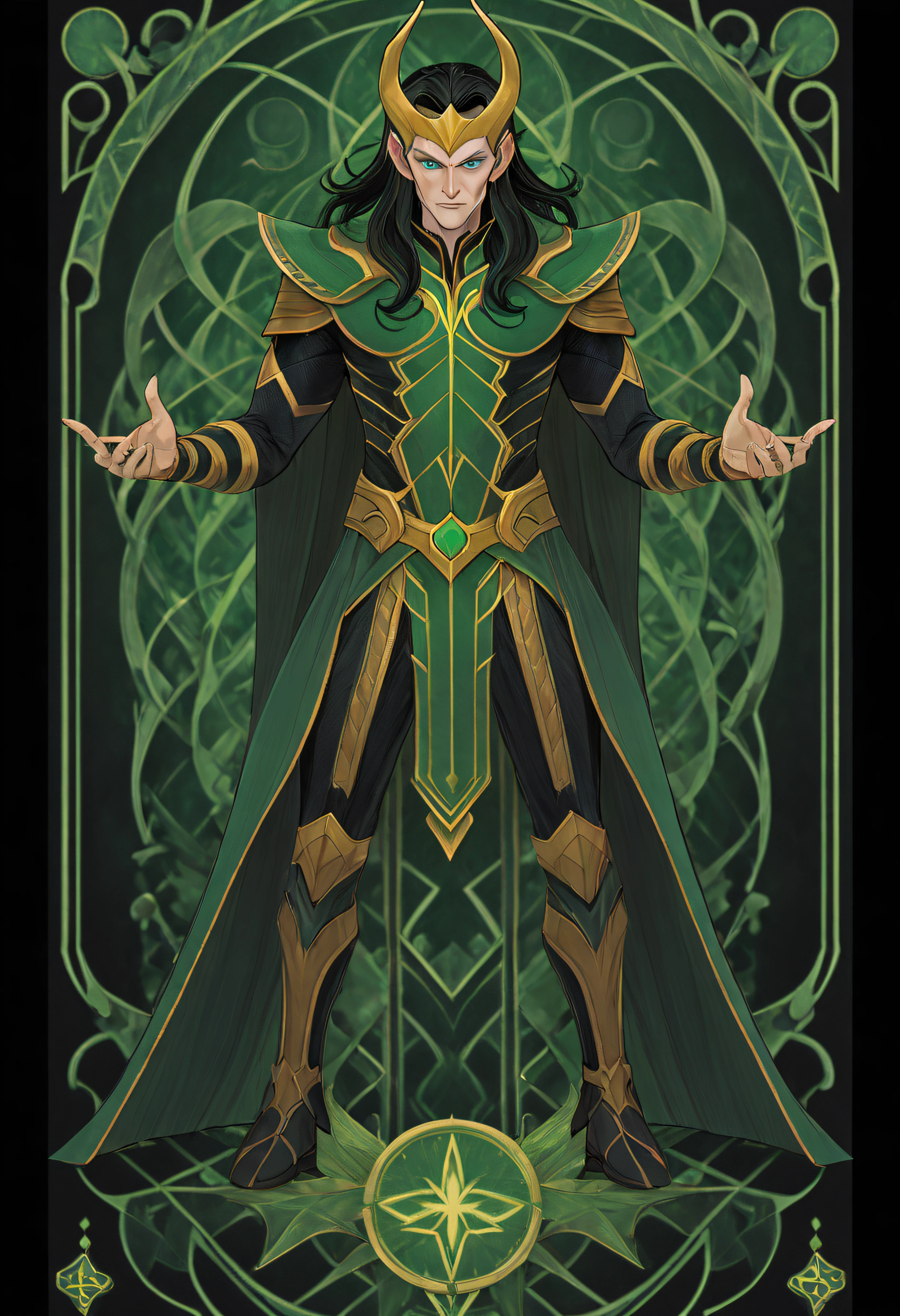 1 Loki, From DC Comics superheroes, Full body standing painting, (((独奏))), Clear facial features, Simple line design, ((tarot card background, symmetric beauty)), perfectly symmetrical, The art of symmetry, Standing drawings of characters, ((flatcolors)), tmasterpiece，top Quority，best qualtiy，超高分辨率, ((Clear facial features，beautidful eyes，beauitful face, Exquisite facial features))