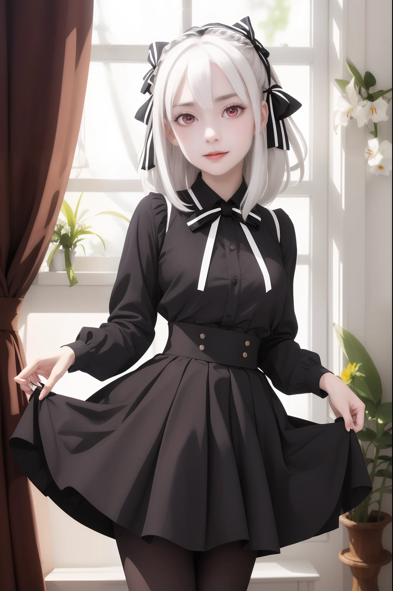 masterpiece, best quality, lily, lily_olis, slight smile, perfect face, thighs, breasts, white hair, hair between eyes, hair ribbon, red eyes, black shirt, high-waist skirt, skirt, black skirt, manga larga, bowtie, black ribbon, neck ribbon, striped bow, black and white bow ,pantyhose, skirt lift,