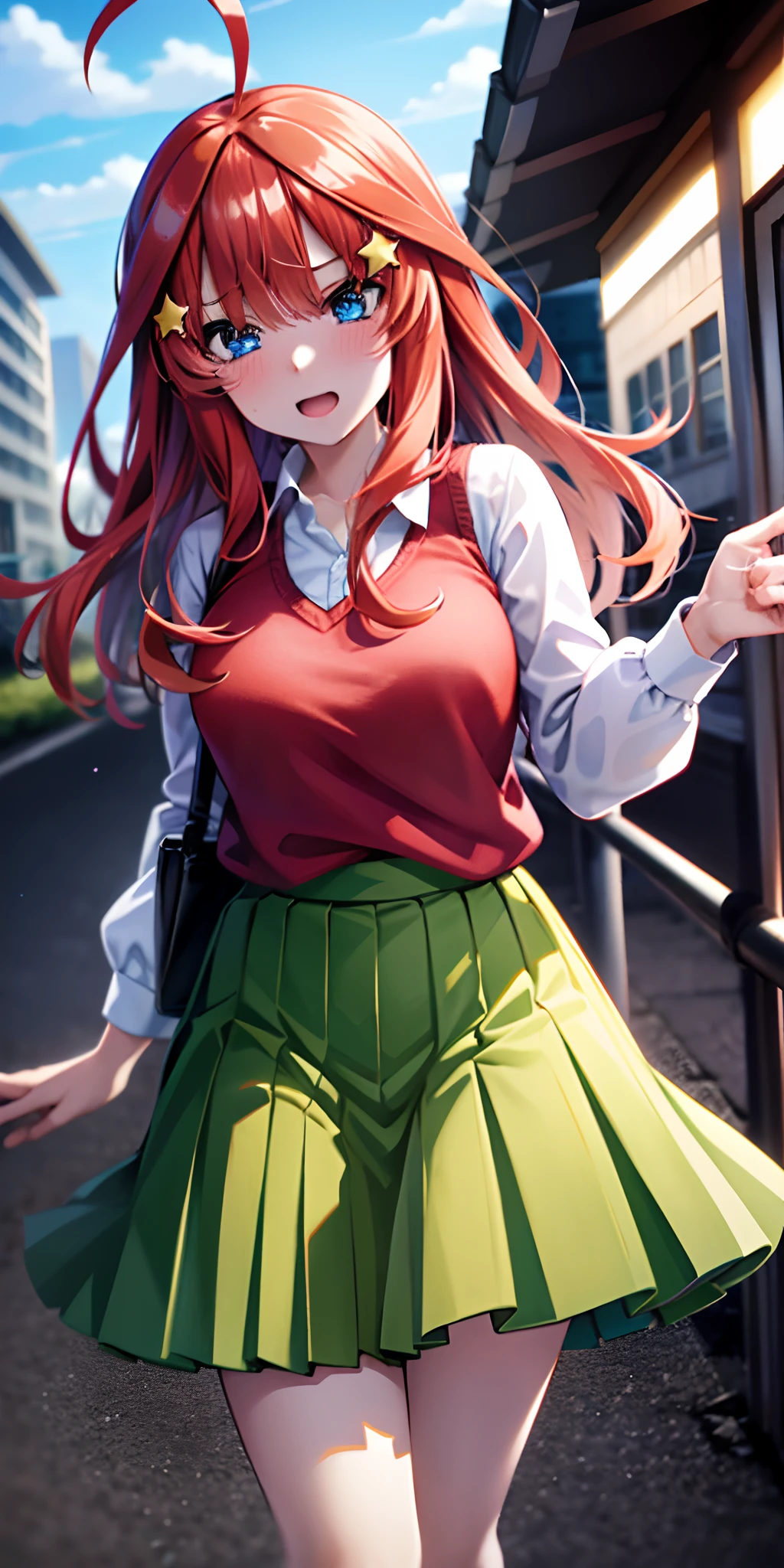 ultra-detailed, Best Quality, Anime, Highly detailed, extremely detailed CG, unity 8k wallpaper , super detailed skin, detailed , dynamic lighting , beautiful detailed eyes, Cowboy Shot, Itsuki Nakano, Red hair, Long hair, Star hair ornament, Ahoge, Red Sweater, Collared shirt, Green skirt, very short pleated miniskirt, medium breasts, Standing, School, Outdoors, embarrassed, blush,skirt lift by yourself,pigeon-toed, showing panties, floating hair, wind,