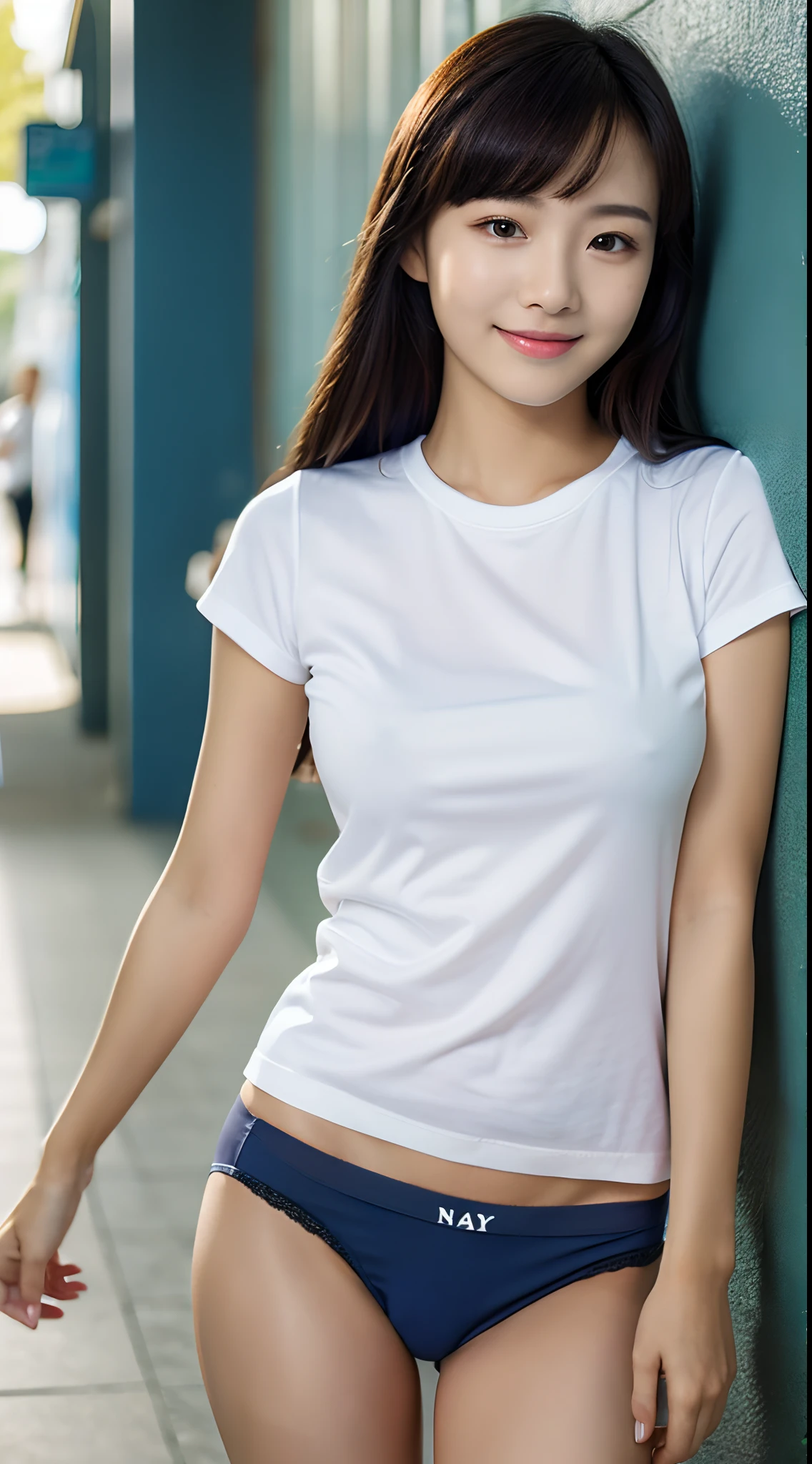 (((The color is dark navy blue only panties)))、((white t-shirts))、((1人))、((Pose cutely))、((school hallway))、((18 year old beautiful girl))、A slight smil、((Outstanding style))、A sexy、Photorealsitic、Beautiful detailed eyes、Hyper-Realism、highcontrast、Ultra HD、realistic skin textures、Top image quality、top-quality、超A high resolution、Fine details、Very meticulously