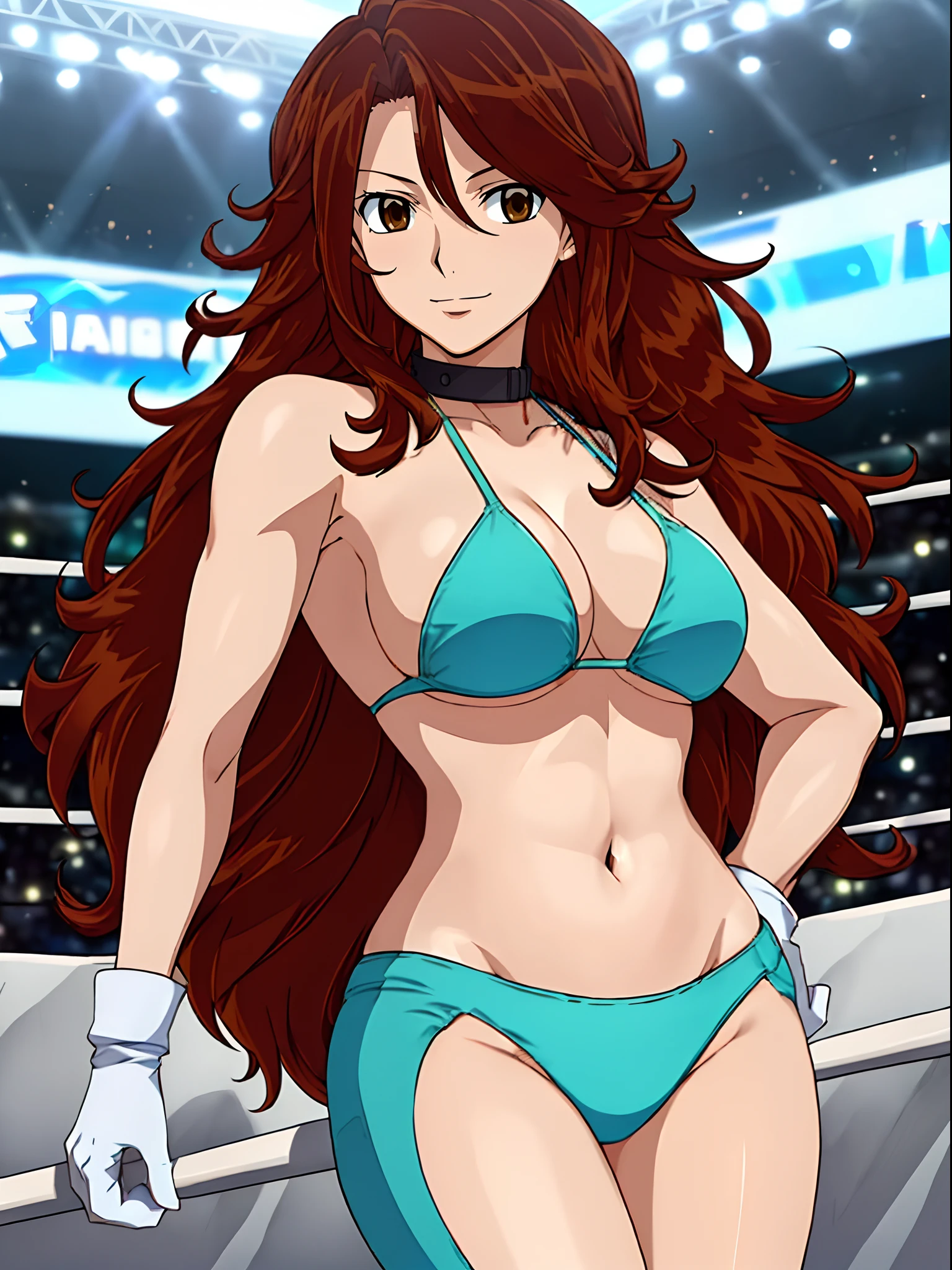 hug, Elegant lady, (upper body only), anime style: 1.8, anime drawing, ultra detailed face, ultra detailed body, 4k, Sumergai Lee Noriega, (standing), best quality, anime style, hires, highest definition, digital blending, bold drawing lines, ((wwe diva), (location: wrestling arena, crowds watching), ( slim body, (little biceps), , off-shoulders, closed fists, (curvy: 2.8)), ((g-string bikini, only, white gloves, collar, armpit protector, chaps)), victorious, winner, gentle, (pale skin, shiny skin, very big breasts, smile), (big eyes, brown eyes), (clapping), (brown hair, loose hair, curly hair, wavy hair, long hair, missy hair), 27 years old,