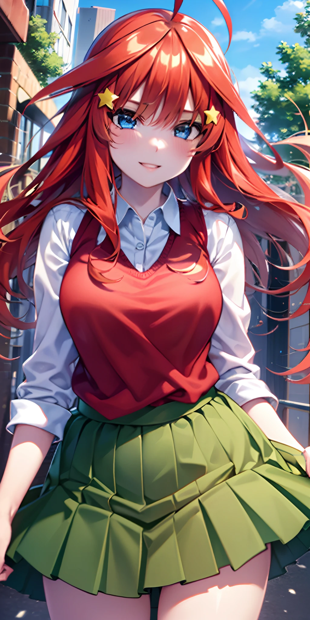 ultra-detailed, Best Quality, Anime, Highly detailed,extremely detailed CG, unity 8k wallpaper , super detailed skin, detailed , dynamic lighting , beautiful detailed eyes, Cowboy Shot, Itsuki Nakano, Red hair, Long hair, Star hair ornament, Ahoge, Red Sweater, Collared shirt, Green skirt, very short miniskirt, medium breasts, Standing, School, Outdoors, best smile, skirt lift by yourself,pigeon-toed, showing panties, floating hair, wind,