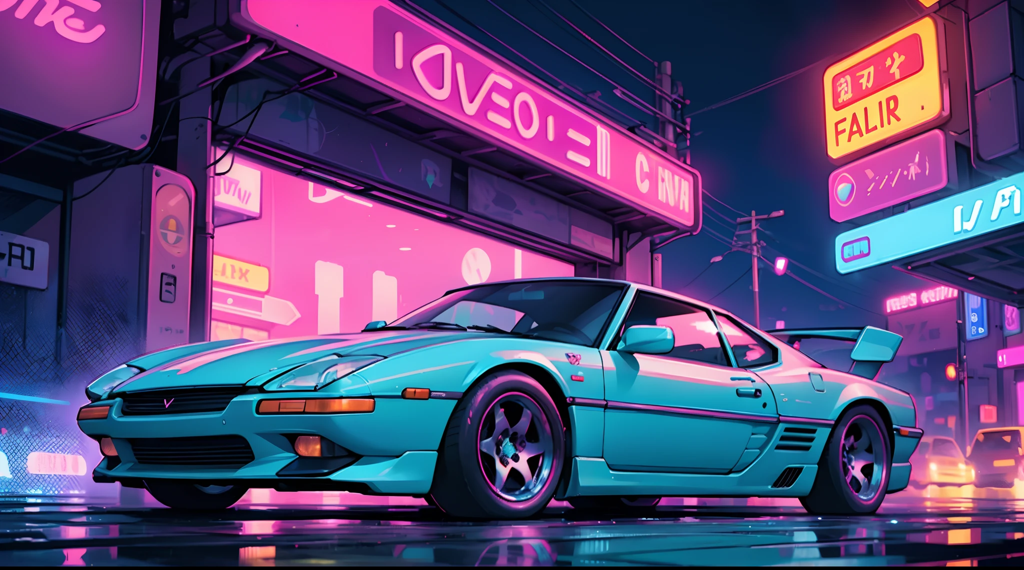 Cool chic car on a wet road. , neon lights, neon, retrowave, club,,,, in love Hemp, colorful, wallpaper, energy, secret, magical environment, omniscience, prediction of the future, understanding the past, frost magic, --v 6