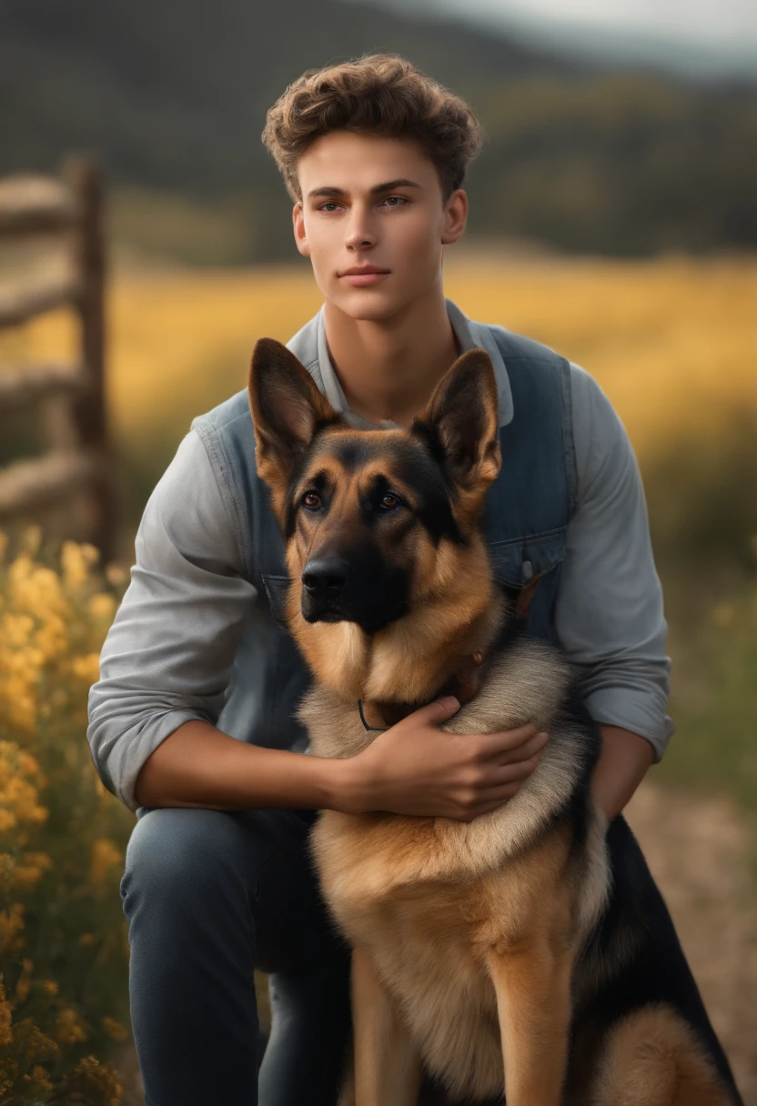 1696523863238_test,Phone/TEST/1696523863238_test.png,Photorealistic of a farmer young man, 19 year old, with a german shepherd on her side