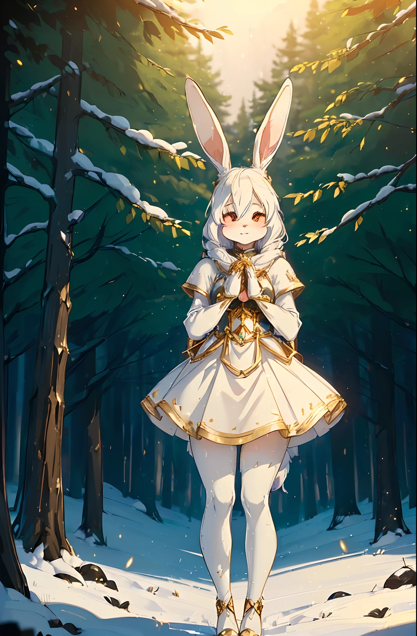 (((One humanoid bunny, furry))), ((harlequinn bunny)), ((black details on body)), praying, (in a snowy forest), standing, ((fantasy cleric outfit, gold details)), (((long skirt)), ((fantasy cleric long pants)), ((pretty humanoid face)), ((bunny furry paw legs)), ((invernal outfit))