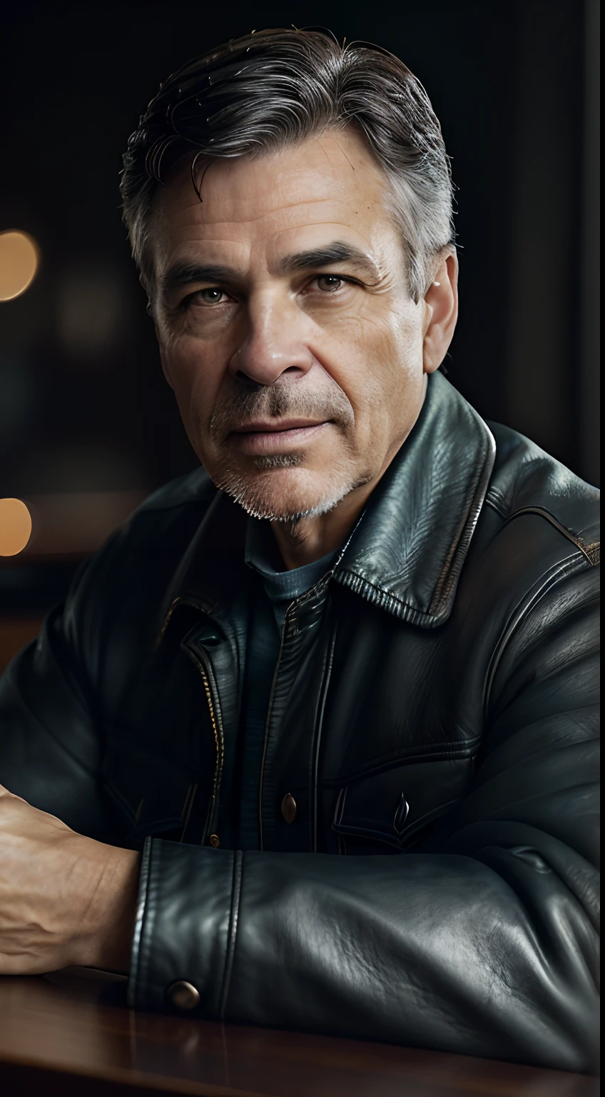 (Editorial Photography 9:16 workers, sitting in his living room in, Taking Reading Seriously, 47 years old, Brown eyes), (Wearing a worn and well-worn winter shirt, in an old worn-out black leather jacket), (Highly detailed face:1.4), (background inside dark, shrewish, private study, antique furnitures:1.3), (8K, UHD, dslr, hiquality, Cinematic lighting, bokeh), (Dramatic & Award-Winning Photography, An amazing masterpiece:1.3) (great depth of field)