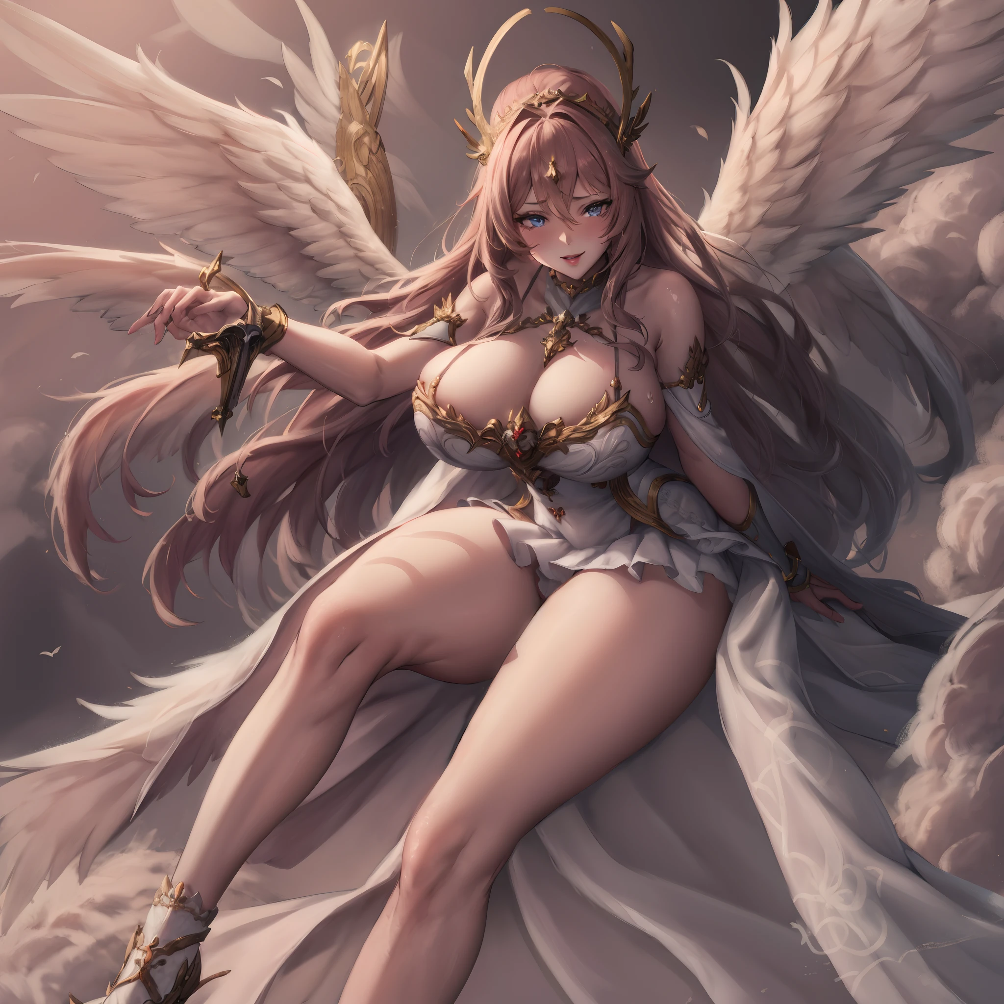 Quality over 8K, a female angel,Sexy,Long Blonde Hair,Anime,Goddess,Symmetrical blue eyes,Ultra detailed eyes,Transparent lingerie,forest,Sword,golden wings,Full body,hyperdetailed lips, hyperdetailed face, Double eyelids, Ultra Detailed feet,で,Beautiful legs,Tight boots,Full Leg Priestess、valkyrie、Angel wings、a navel、sideboob barbosa、with an intricate、Particles of light、thighs thighs thighs thighs、shinny skin、Perfect litthing、1girl in、looking at the viewers、Winged headgear、pelvis curtain、A smile、(​masterpiece)、(top-quality)、Very gigantic-breasts、maternal、Porcelain Skin、honey blonde hair、Very long hair、hair wavy(valkyrie,Paladin:0.6),Angel wings,with an intricate, Perfect Lighting,  Looking at Viewer,(masutepiece), (Best Quality)(valkyrie,Paladin:0.6),Angel wings,with an intricate, Perfect Lighting,  Looking at Viewer,(masutepiece), (Best Quality)(ValkyrieArmor:0.5),(Winged headgear:1.1),School Girl,,with an intricate, Perfect Lighting, 1girl in, Ponytail, Looking at Viewer, Smile, snulight,creek,blazing(masutepiece), (Best Quality),thighs thighs thighs thighs 、a beauty girl，red color mecha，As graceful as a swan，Enchanting，Long grey hair，Red body，Fluorescence line，White hands，lab room，FutureTech，Red indicator light on the body，Full body photo，standing on your feet，dreamy scene，，dyna，super detailing，Cell shade，8K detail post-processing，magnifica，hyperphotorealism，8K，epic composition，intricate-detail，unrealengine，Flying，Laser Cannon，Holy Angel Mecha，Mechanical exoskeleton，whaite hair，golden pupils，flower  sea，Eventide，Angel Maiden，Angel wings，White long skirt，war，Top quality combat stance, 4K, masutepiece :1.3), short petite pretty woman, Blue-haired、Curly hair、length hair、Colossal tits、 Ultra-detailed face、maid clothes、Detailed eyes, sluttish, Pose Seductive,  Smooth skin, (huge-breasted), Round breasts、red blush。kawaii、Shy、1 Crying face、nightcity、Sateen、Kimono without sleeves、A dark-haired、Holding a weapon with blood on it、Looking at the camera、Cherry blossoms are d