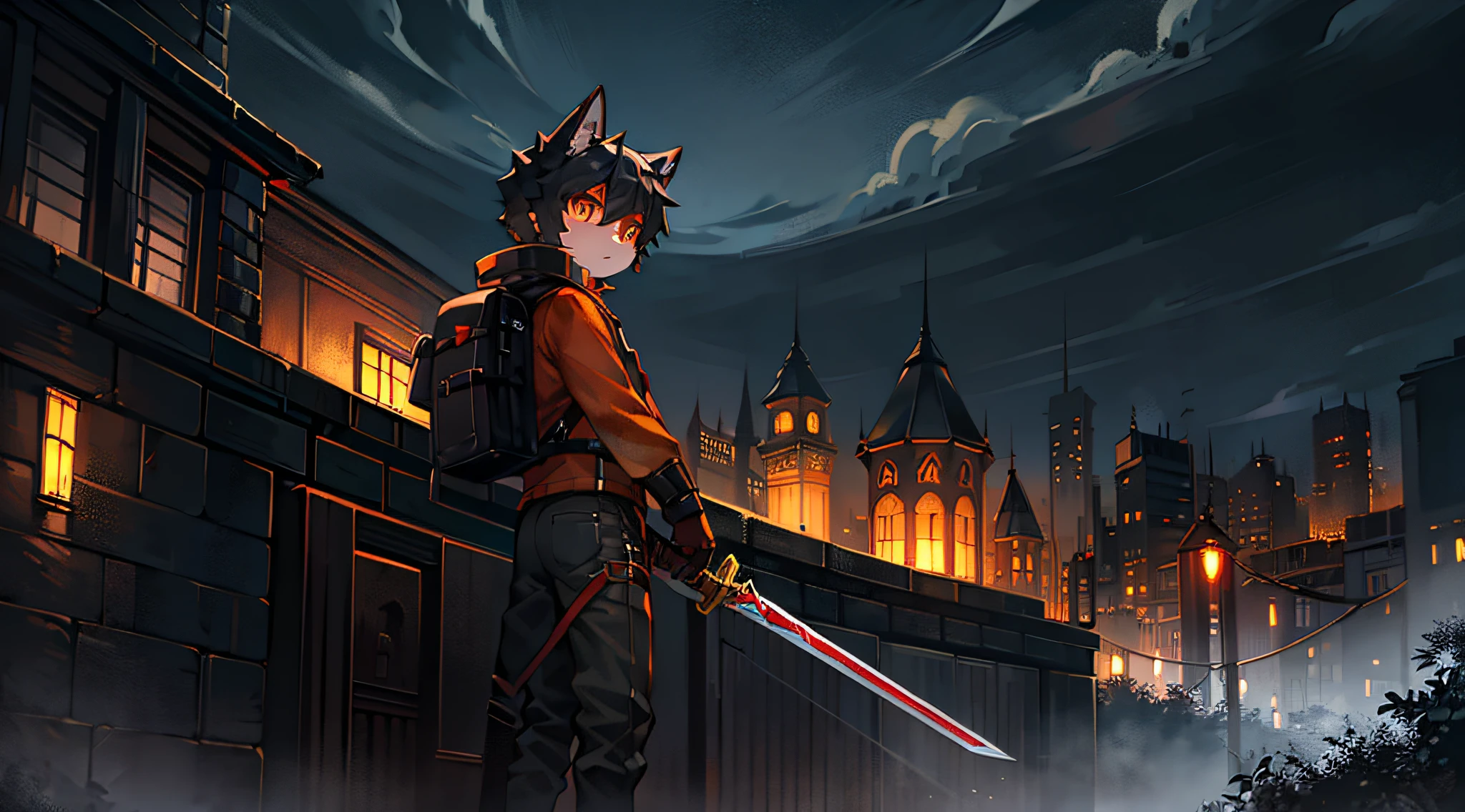 Black Haired Wolf,Orange shirt,Orange pupils,Shota,adolable,Holding a long sword,Outside the city walls,ln the forest,dark stormy clouds,solo person,salama,explorer,backpacks,borgar