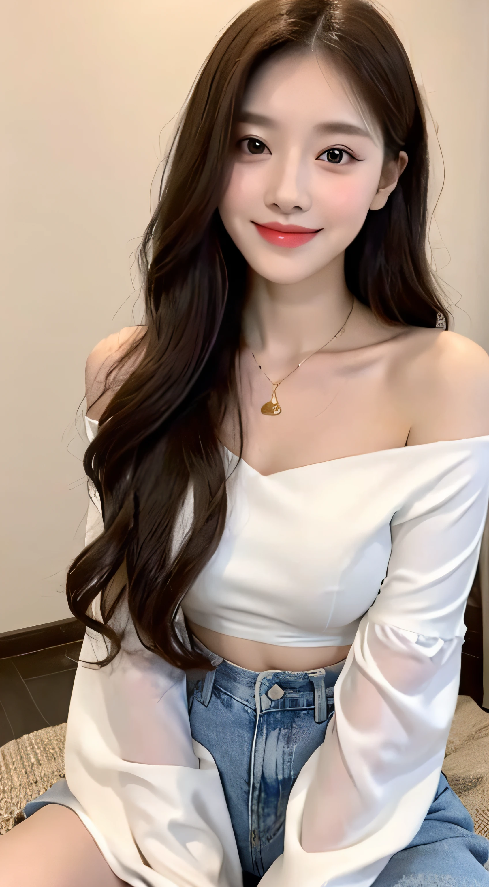 Stunning exquisite real beautiful girl、long curly hair of golden color、Very exquisite facial features、Incomparably beautiful girl、Clavicle off-shoulder、White crop top shirt、Black JK Skirt、Exposed legs、A sweet smile、Soft、dreamlike quality、light white and dark brown、exaggerated facial features、Landless、Candid off-white、Surreal、Blue Gemstone Necklace、Super transparent beautiful young girl、Cute and lively、 Ultra short leggings、maid clothes