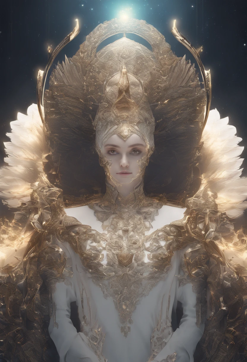 Crie Uma obra de arte em 3D de Uma mulher celestial usando um vestido branco transparente com (((detalhes intrincados))) adornados com (((pedras vermelhas reluzentes))). A obra deve incorporar a (((best possible quality))), with an emphasis on (((detalhes extremos))) e Uma (((Complex composition))). Utilize Uma paleta de cores que reflita uma aura celestial, com tons suaves de azul, Ethereal white and subtle touches of gold. Make sure the composition exudes a sense of beauty and otherworldly tranquility. Inspire-se em artistas como (((h.r. Giger))), (((zbrushcentral))) e (((Vitaly Bulgarov)))