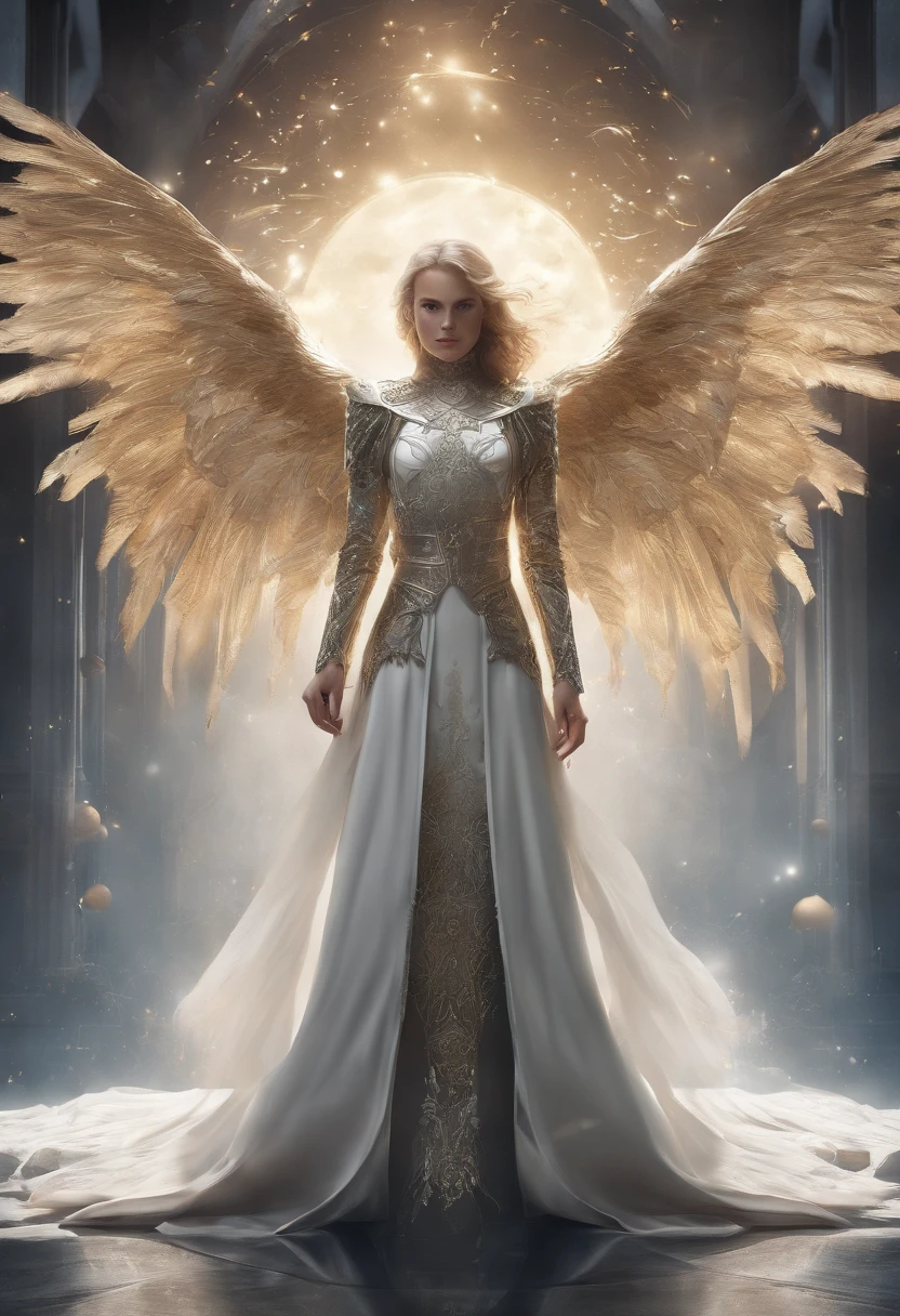 A full-length photograph of a fallen angel in the universe, clear and bright eyes, Bio mech, mistic, ,Daoism,Dharma School,Time travel,Clergy Knight,horrid, nightmare, Very bright colors, Light particles, There is bright light, Mshiv, wallpaper art, ultra HD wallpaper, Anakyr Skywalker, years, medieval clothing
