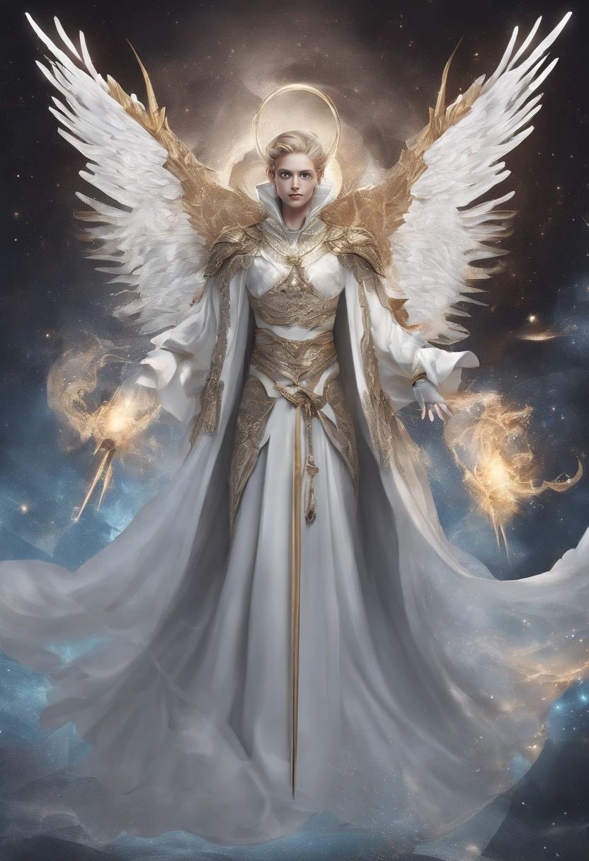 A full-length photograph of a fallen angel in the universe, clear and bright eyes, Bio mech, mistic, ,Daoism,Dharma School,Time travel,Clergy Knight,horrid, nightmare, Very bright colors, Light particles, There is bright light, Mshiv, wallpaper art, ultra HD wallpaper, Anakyr Skywalker, years, medieval clothing