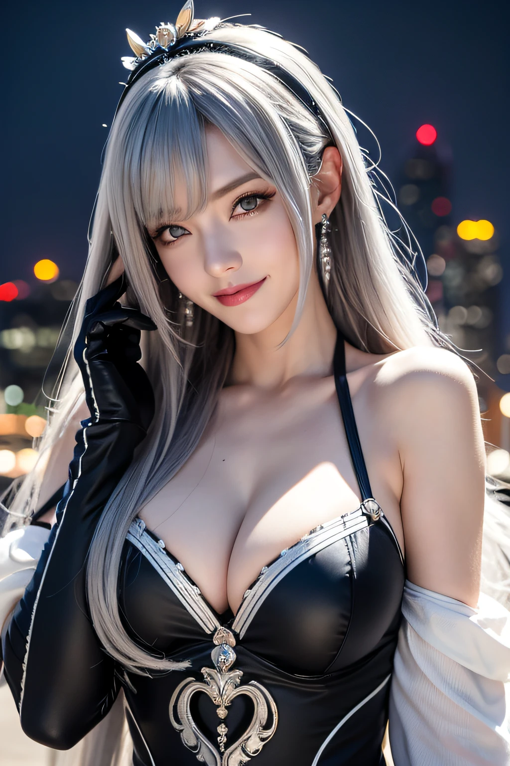 (Realistic painting style:0.9), masutepiece, Best Quality, absurderes, Looking at Viewer, Solo, bronya zaychik (silverwing n-ex), bronya zaychik, Red pupils, 1girl in, Solo, breasts, Long hair, ((Female Keeper Cosplay)), Black and white costume、Grey Hair, cleavage, Looking at Viewer, Smile, Closed mouth, Bangs, grey eyes, Jewelry, single glove, earrings,gloves, Drill Hair, hair between eye, Large breasts, twin drills, White sleeves, Hair Ornament, Single-pole drone, city, Night、Female Keeper Cosplay, Black and white costume、a smile