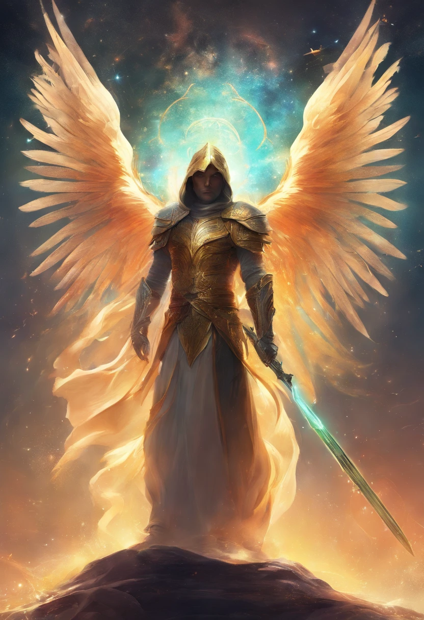 A full-length photograph of a fallen angel in the universe, clear and bright eyes, Bio mech, mistic, ,Daoism,Dharma School,Time travel,Clergy Knight,horrid, nightmare, Very bright colors, Light particles, There is bright light, Mshiv, wallpaper art, ultra HD wallpaper, Anakyr Skywalker, 15 years, medieval clothing