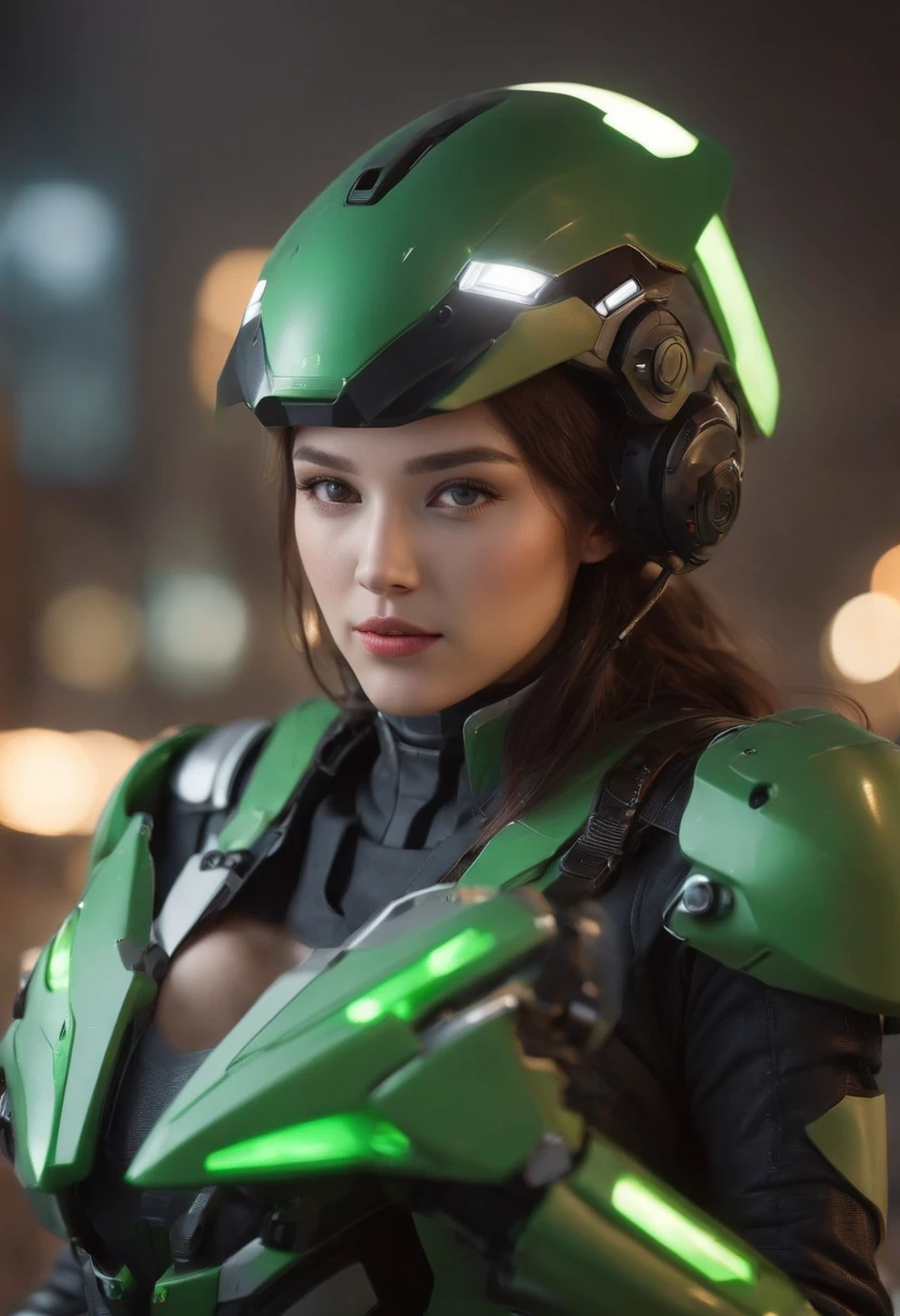 Highest image quality, Outstanding details, Ultra-high resolution, (Realism: 1.4), The best illustration, favor details, highly condensed 1girl, with a delicate and beautiful face, dressed in a black and green mecha, wearing a mech helmet, holding a directional controller, Riding on a motorcycle, the background is a high-tech lighting scene of the city of the future.