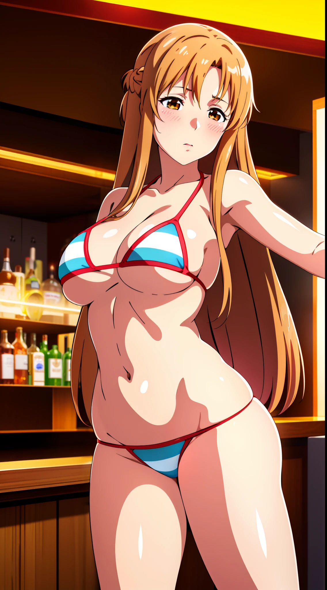 (best quality:1.5, highres, UHD, 4K, detailed lighting, shaders), asuna yuuki, light brown long hair, busty, bikini, standing, pov, close shot, bar background, blushing:1.2