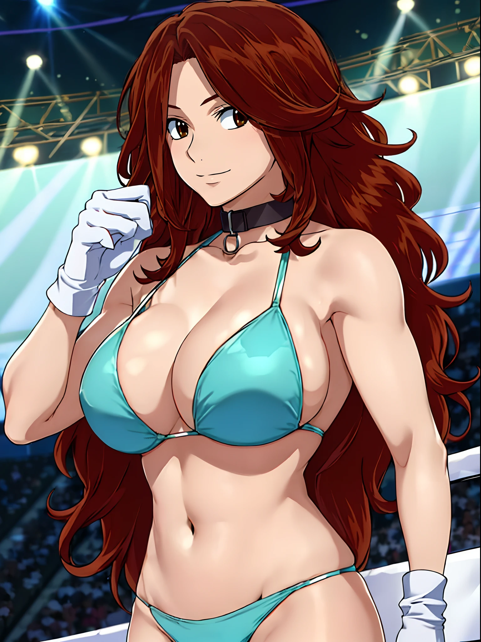 hug, Elegant lady, (upper body only), anime style: 1.8, anime drawing, ultra detailed face, ultra detailed body, 4k, Sumergai Lee Noriega, (standing), best quality, anime style, hires, highest definition, digital blending, bold drawing lines, ((wwe diva), (location: wrestling arena, crowds watching), ( slim body, (little biceps), , off-shoulders, closed fists, (curvy: 2.8)), ((g-string bikini, only, white gloves, collar, armpit protector, chaps)), victorious, winner, gentle, (pale skin, shiny skin, very big breasts, smile), (big eyes, brown eyes), (clapping), (brown hair, loose hair, curly hair, wavy hair, long hair, missy hair), 27 years old,