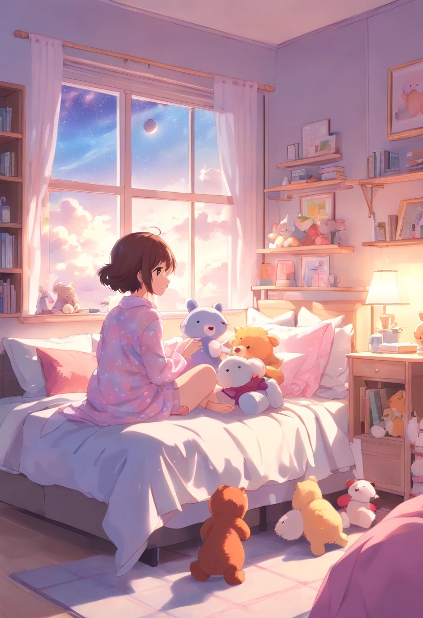 Dressed in cute pajamas、Fluffy 2 year old bed、Pink and pastel colors、dreamy lighting、Around((Cute stuffed animals:1.5))、Pleasant atmosphere、Stars shining on the ceiling、Whimsical clouds on the wall、giggle and blush、Happy and peaceful mood、Glorious dreams、Take a look.。