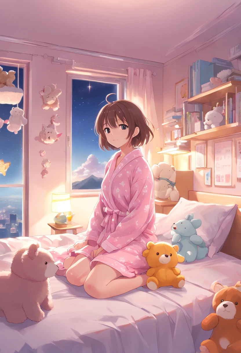 Dressed in cute pajamas、Fluffy 2 year old bed、Pink and pastel colors、dreamy lighting、Around((Cute stuffed animals:1.5))、Pleasant atmosphere、Stars shining on the ceiling、Whimsical clouds on the wall、giggle and blush、Happy and peaceful mood、Glorious dreams、Take a look.。