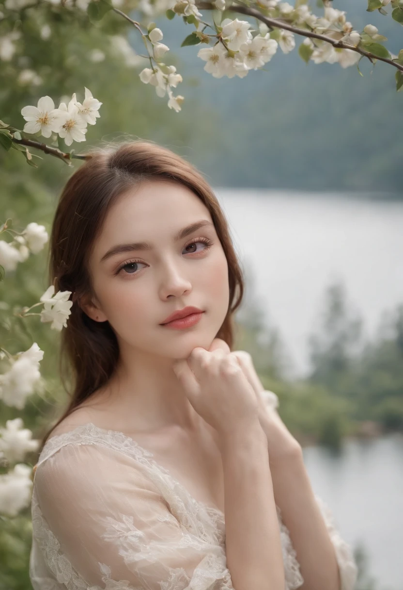 Highest image quality, Outstanding details, Ultra-high resolution, (Realism: 1.4), The best illustration, favor details, highly condensed 1girl, with a delicate and beautiful face, The background is a beautiful landscape，There are water, mountains, and flowers