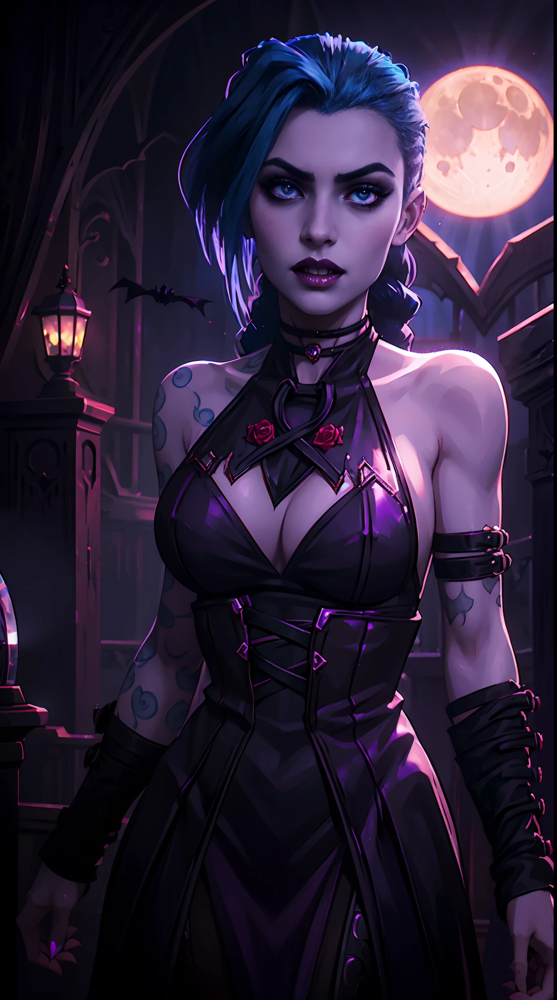 best quality,ultra-detailed,gothic,beautiful detailed eyes,beautiful detailed lips,,pale skin,jinx dress,roses,moonlight,sharp fangs,dark atmosphere,haunting,ethereal,nighttime,fangs gleaming,bloodlust,hypnotic gaze,vampire ((  breast))