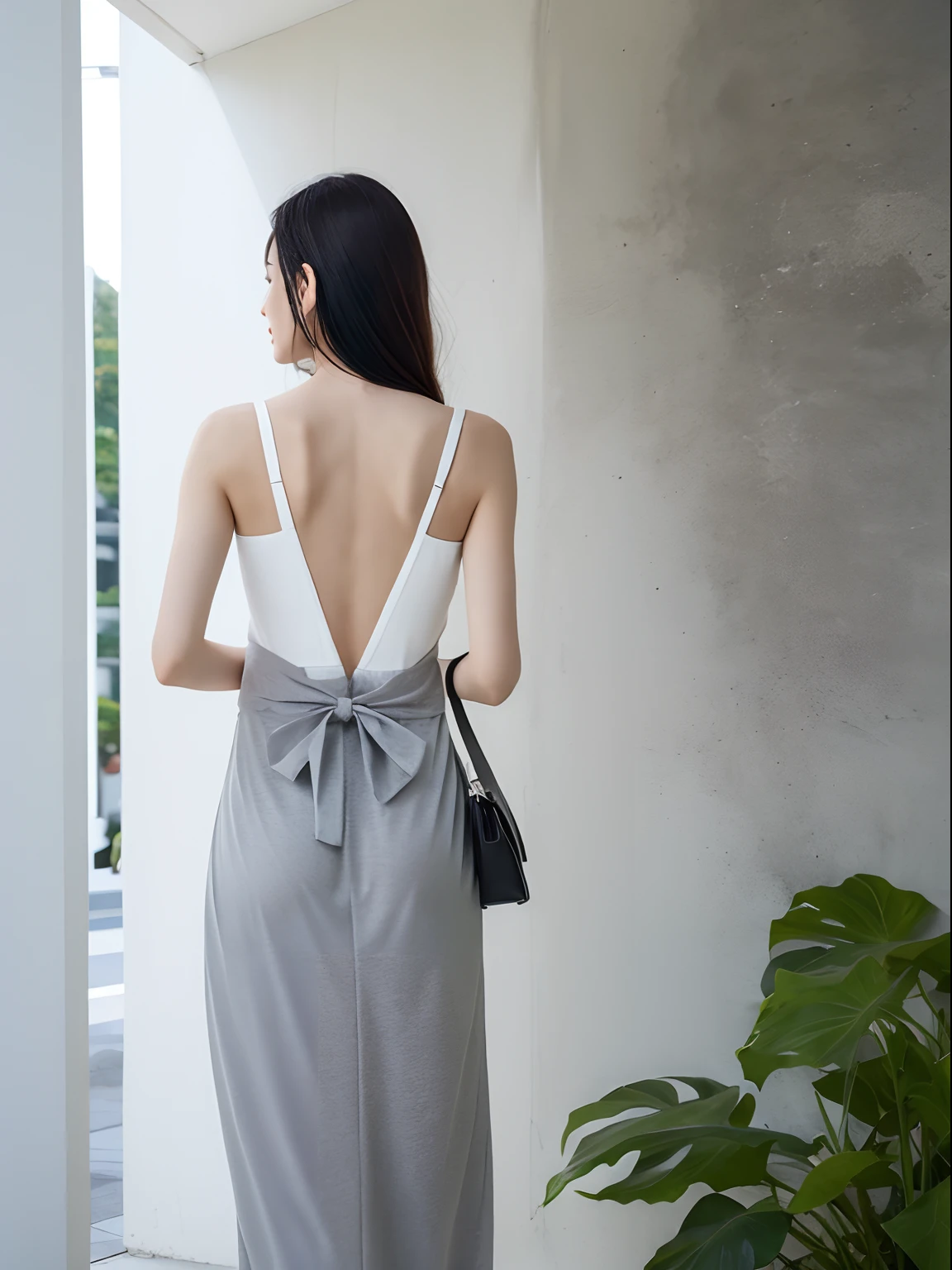 Woman in white dress holding a gray bag, Back - View, Elegant, sleek and smooth body, Product photo, inspired by Gao Cen, back stance, Official product image, 手拿手提包, Fluid bags, on  back, designed for cozy aesthetics!, ellegance, posterior view, product design shot, Back view, Gray color, professional product photo, bag over the waist