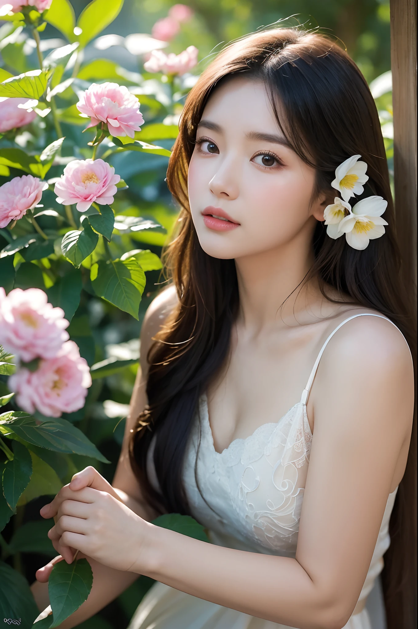 (high-res, realistic),a girl, surrounded by a variety of vibrant and fragrant flowers, has a delicate appearance with beautiful double eyelids. Her face radiates elegance and charm, complemented by her long, flowing curly hair. The atmosphere is filled with a sense of serenity and tranquility, as if the garden is whispering secrets to her. The flowers embrace her with their gentle petals, creating a captivating aura of nature's beauty. The colors are vivid and vibrant, showcasing the rich palette of the botanical wonders that surround her. The lighting is soft and ethereal, casting a warm glow on her porcelain-like skin. With each detail, the girl and the flowers come to life on the canvas, capturing the essence of their exquisite beauty.