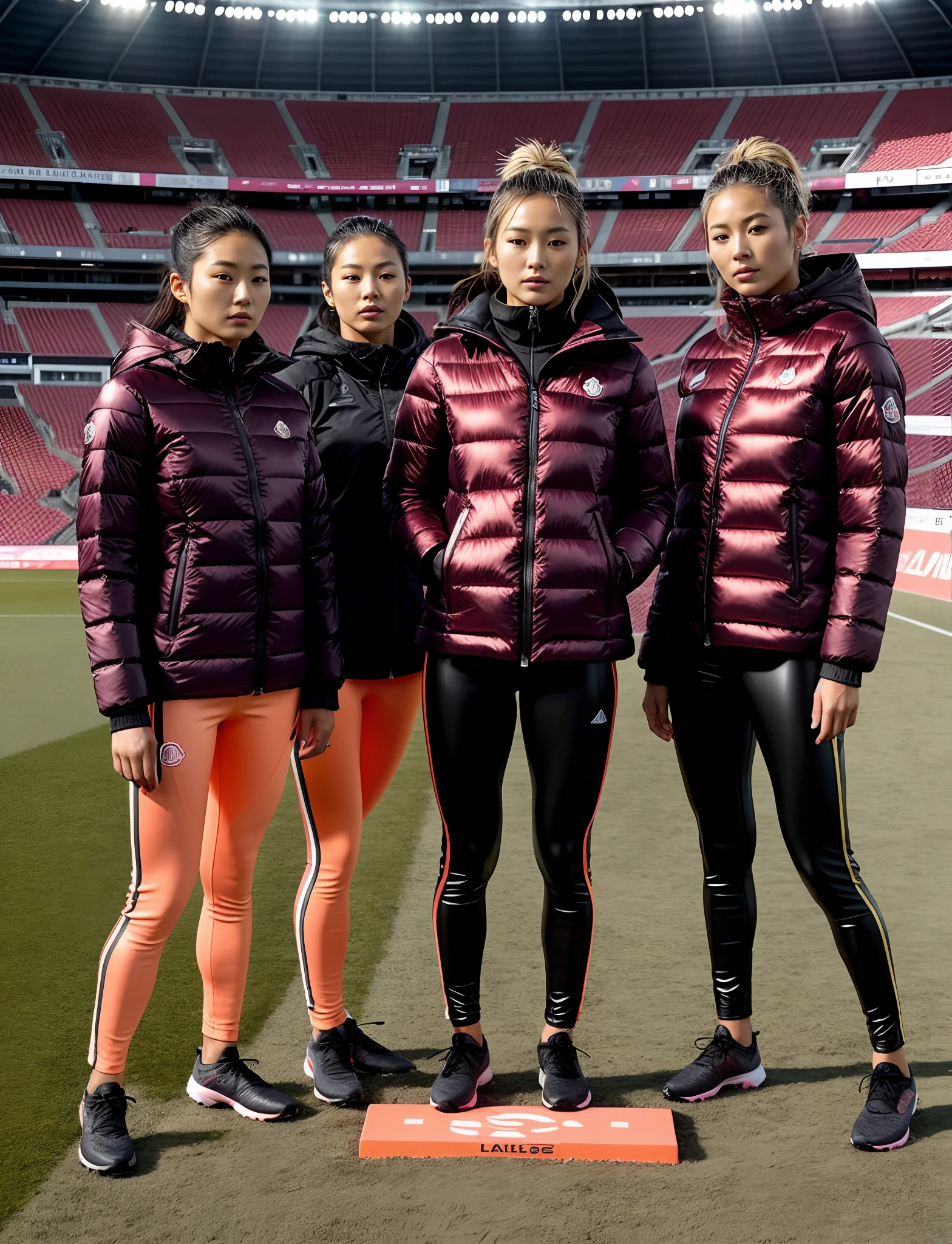 in the foreground at the feet there is an empty stretcher with shiny orange bedding, four sad japanese girls in laquered coats and vinyl leggings, inside a soccer stadium, pretty japanese women in laquered coats, , The model is wearing a down jacket, Sportliche Modefotografie, niedliche Sportbekleidung, 2 Techwear Damen, Moncler Jacke, f / 2 0, Professioneller Sportstil, athletisch, Sportbekleidung, Kanadagans, About Fu, 🤬 🤮 💕 🎀, 💣 💥💣 💥