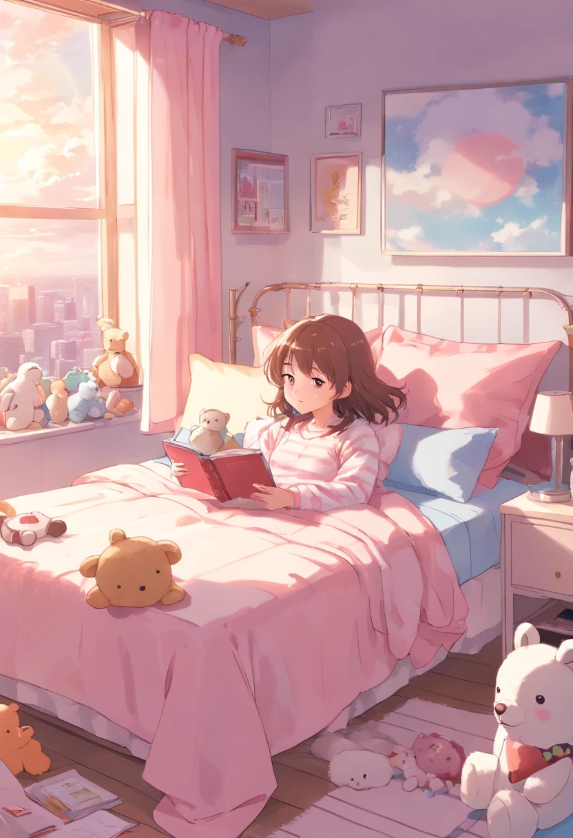 Dressed in cute pajamas、Fluffy 2 year old bed、Pink and pastel colors、dreamy lighting、Around((Cute stuffed animals:1.5))、Pleasant atmosphere、Stars shining on the ceiling、Whimsical clouds on the wall、giggle and blush、Happy and peaceful mood、Glorious dreams、Take a look.。