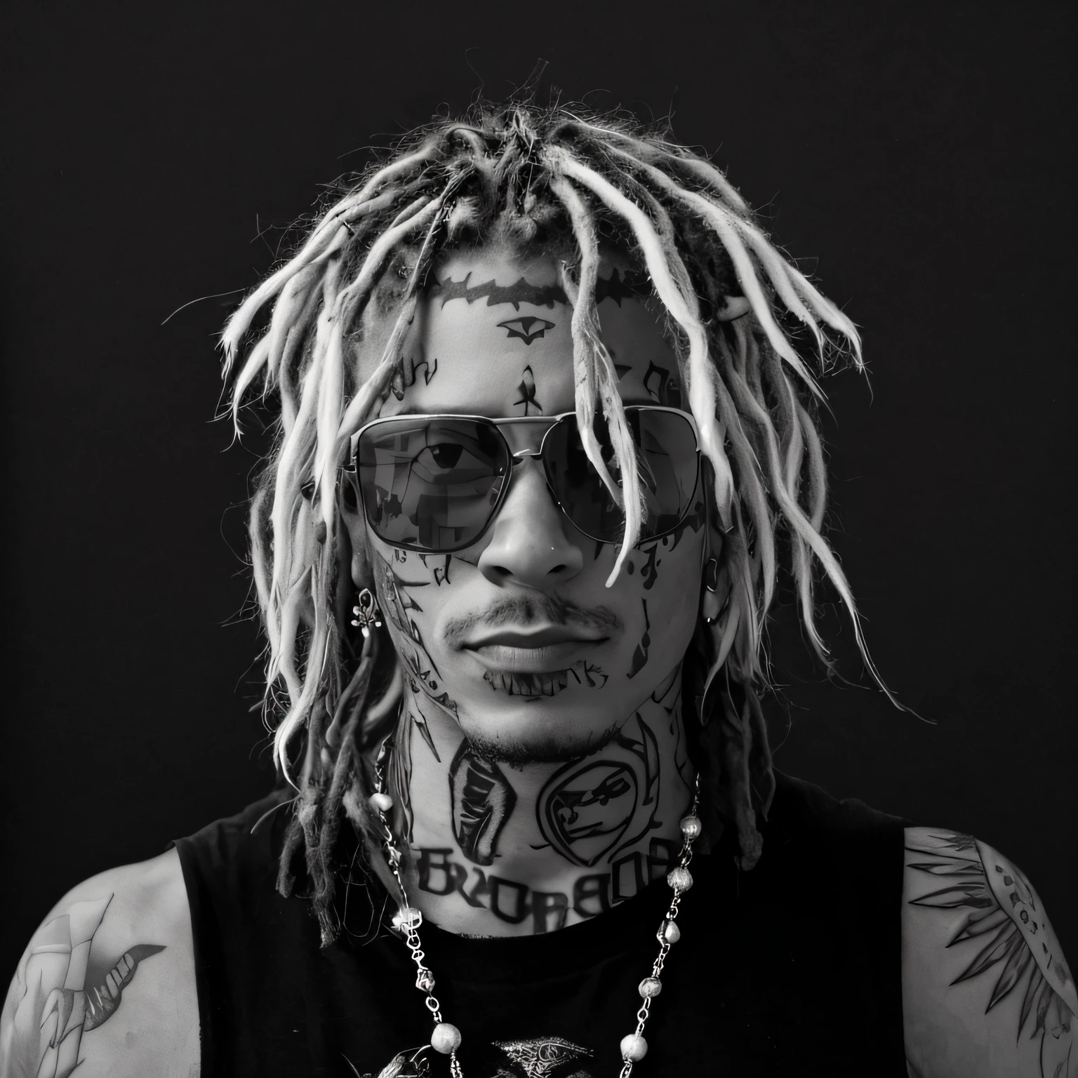 arafed man with dreads and tattoos wearing a necklace and sunglasses, with facial tattoo, short dreadlocks with beads, dreads, xxxtentacion, face tattoos, white hair dreads, tattooed man, taken in the early 2020s, cybernetic dreadlocks, tribal piercing and tatoos, dread + highly detailed, tattooed face