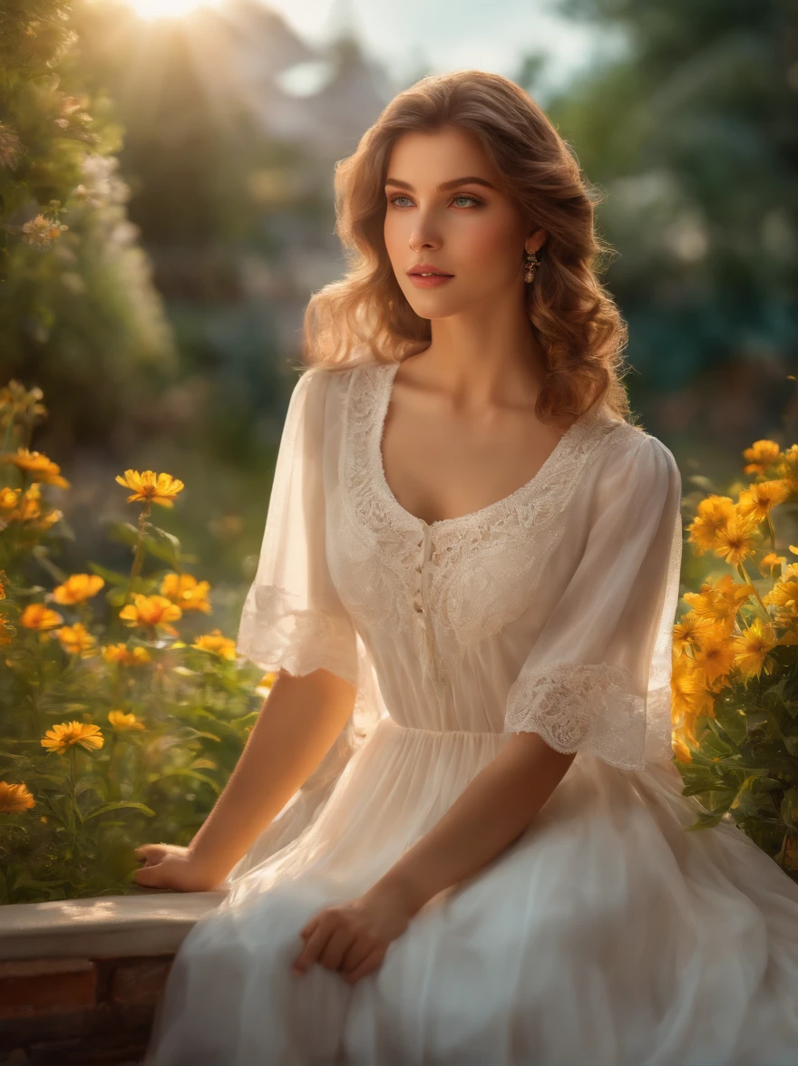 a girl sitting in a garden,soft sunlight shining on her face,beautiful detailed eyes,beautiful long eyelashes,gentle smile,green grass and flowers,peaceful atmosphere,white dress,wind blowing her hair,illustration,highres,(photorealistic:1.37),bright and vibrant colors,summer vibes,warm and inviting lighting