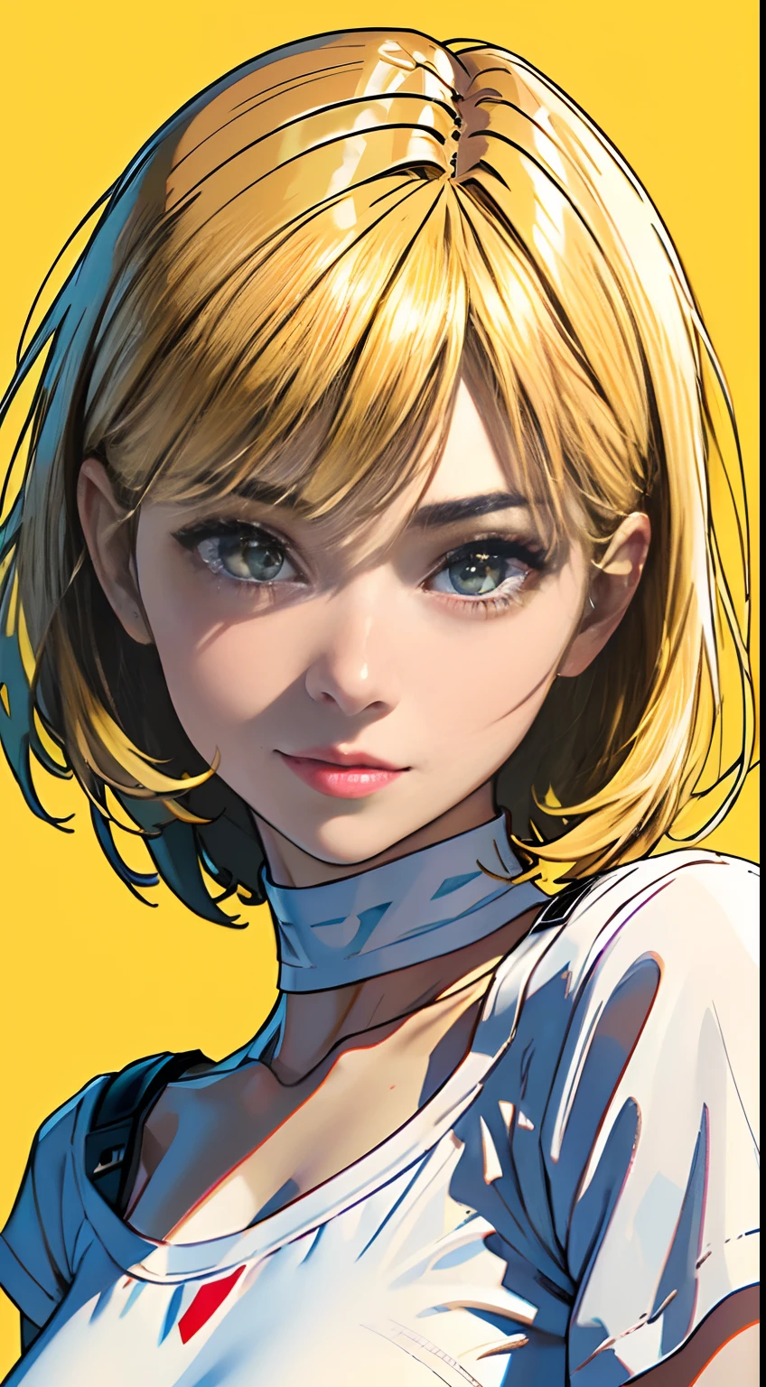 masterpiece, best quality, 8k, absurdres, (upper body:1.4), white shirt, beautiful girl, pretty face, looking at viewer, smile, ultra realistic, highres, photography, film grain, chromatic aberration, sharp focus, HDR, facelight, dynamic lighting, cinematic lighting, professional shadow, simple background, (dull yellow background:1.4), highest detailed, extreme detailed, ultra detailed, finely detail, real skin, delicate facial features, detailed face and eyes, sharp pupils, realistic pupils