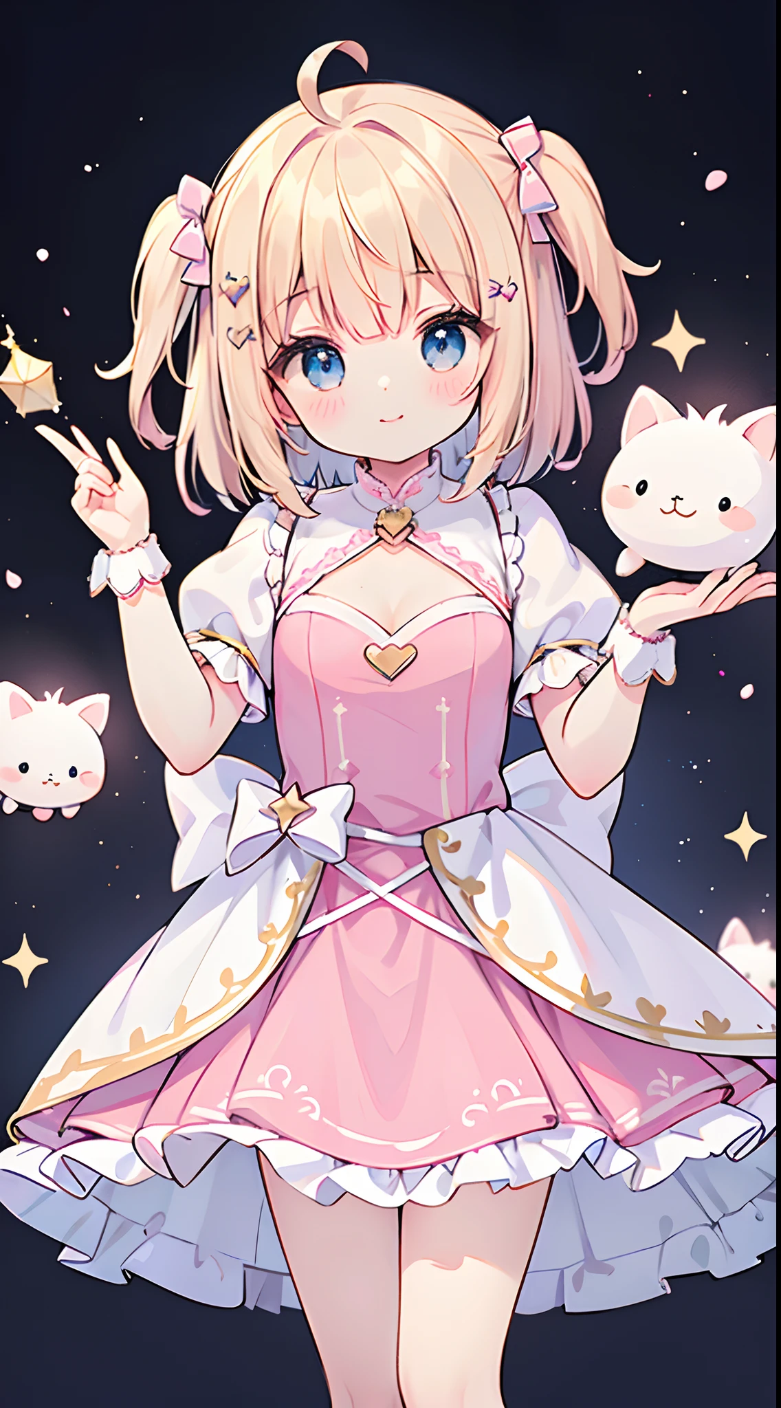 (top-quality), (masterpiece)、(ultla detailed)、(magical little girl)、(Beautiful girl alone)、Lori、(cute little)、(Skindentation:1.2)、Pink and white leotard dress、cleavage、Pink overskirt、Puffy Short Sleeves、white glove、Scrunchies on the wrist、Standing、a blond、Medium Hair、dynamicposes、(blue eyess)、A detailed eye、A detailed face、A smile、Medium chest、12year old、(Two-side-up:1.2)、Ahoge、(FULL BODYSHOT)、(Magic Effects:1.3)、black backgrounds、White collar and star brooch、From above、Large pink ribbon at the waist